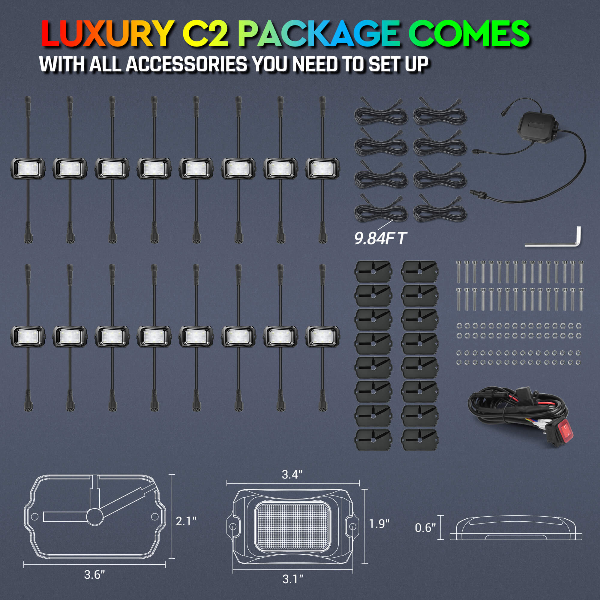 P1s Switch Panel with Wireless Remote Control Bundle with C2 RGB+IC LED Rock Lights Kit 8-24 Pods