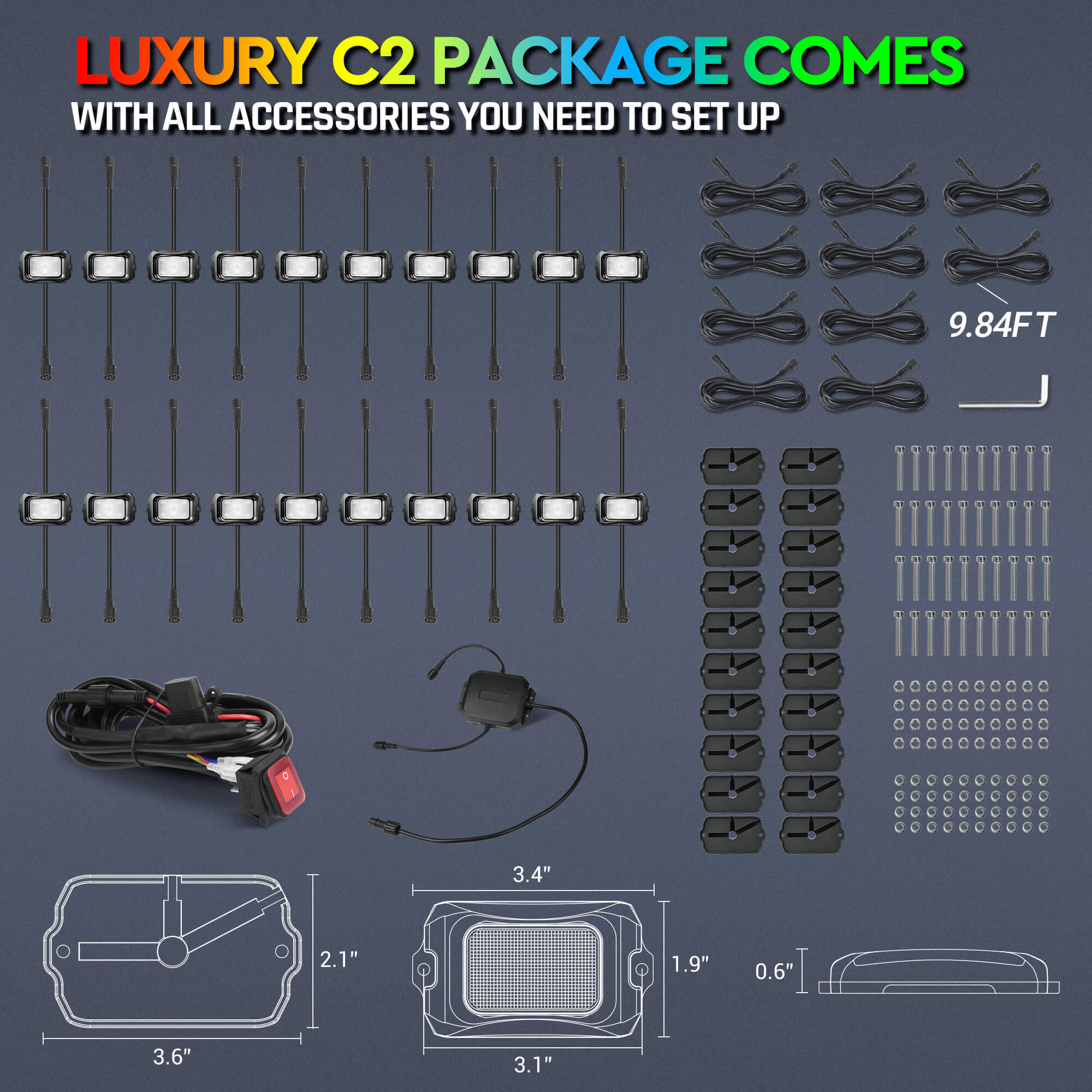 P1s Switch Panel with Wireless Remote Control Bundle with C2 RGB+IC LED Rock Lights Kit 8-24 Pods