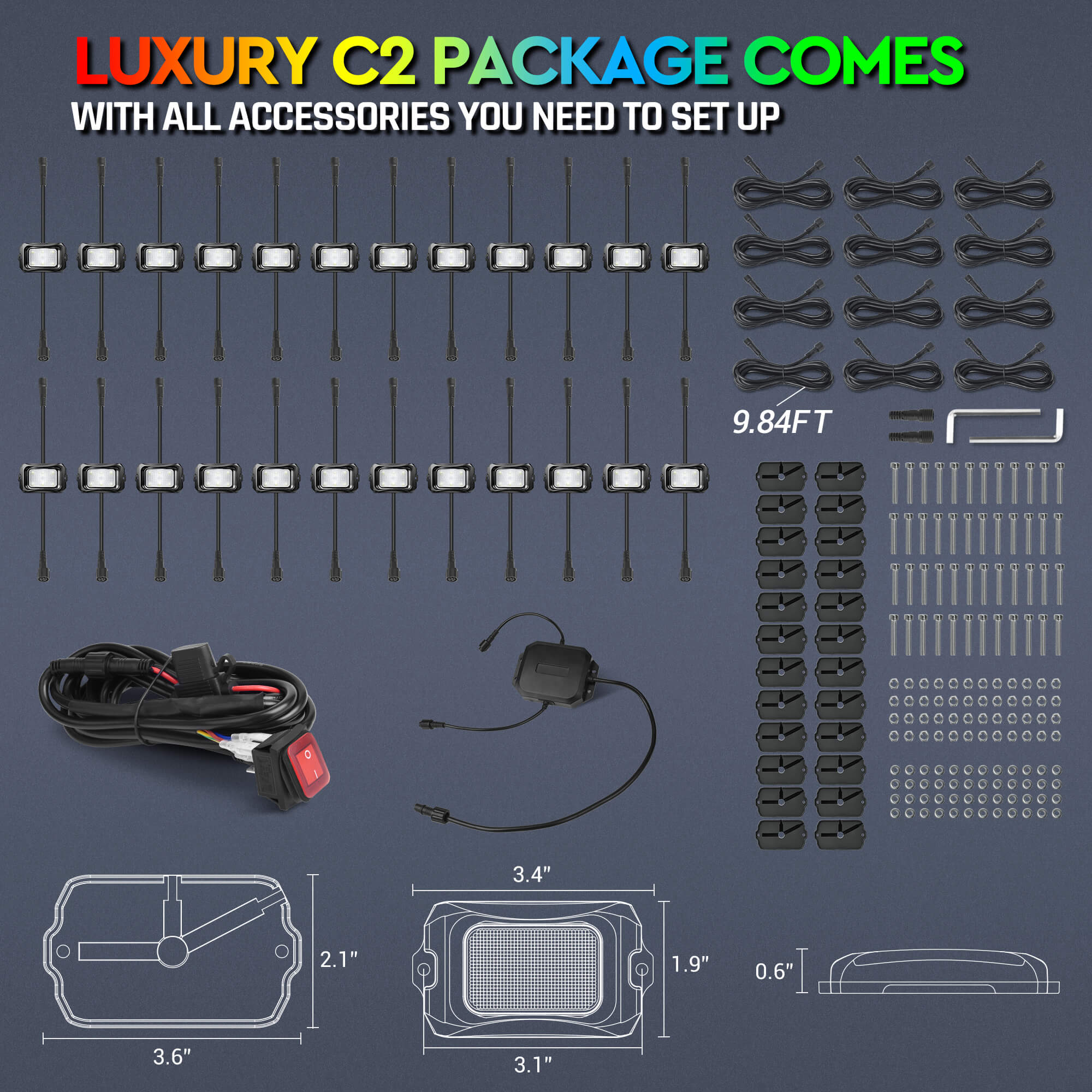 C2 Max RGB+IC Chasing Color Rock Lights 8-24 Pods Bundle with P1s-W Wireless RGB Switch Panel 8/12 Gang, Up to 328FT Range