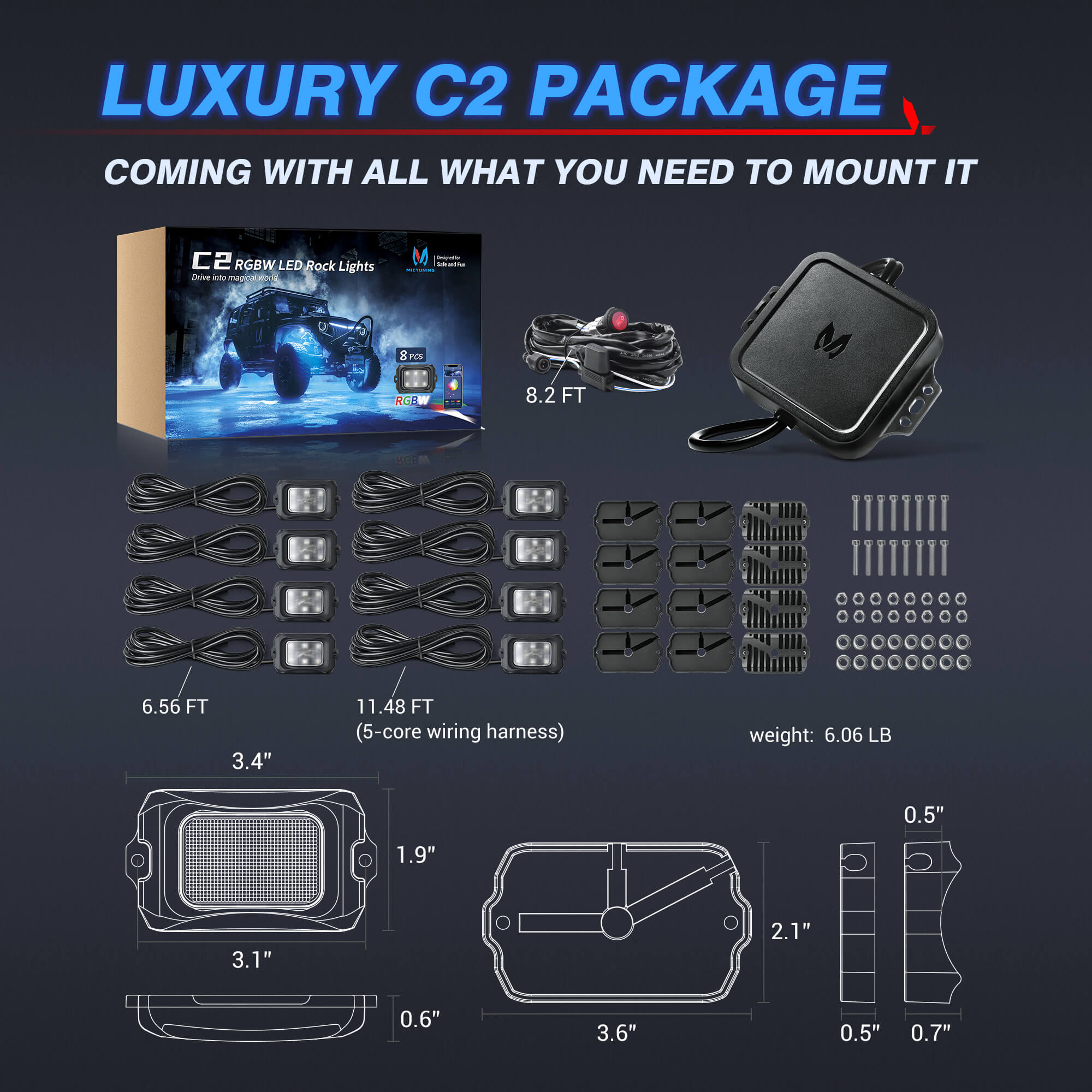 P1s Switch Panel with Wireless Remote Control Bundle with C2 RGBW LED Rock Lights Kit 8-16 Pods