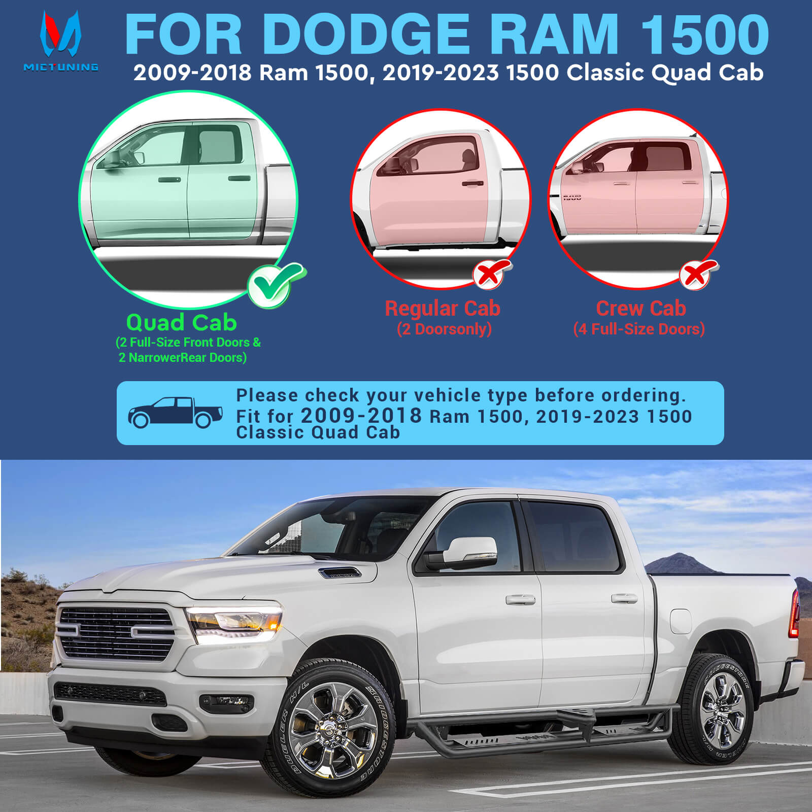 2009-2018 Dodge RAM 1500, 2019-2023 1500 Classic Quad Cab Side Running Boards, Heavy-Duty Side Steps (Only Ships to U.S. )