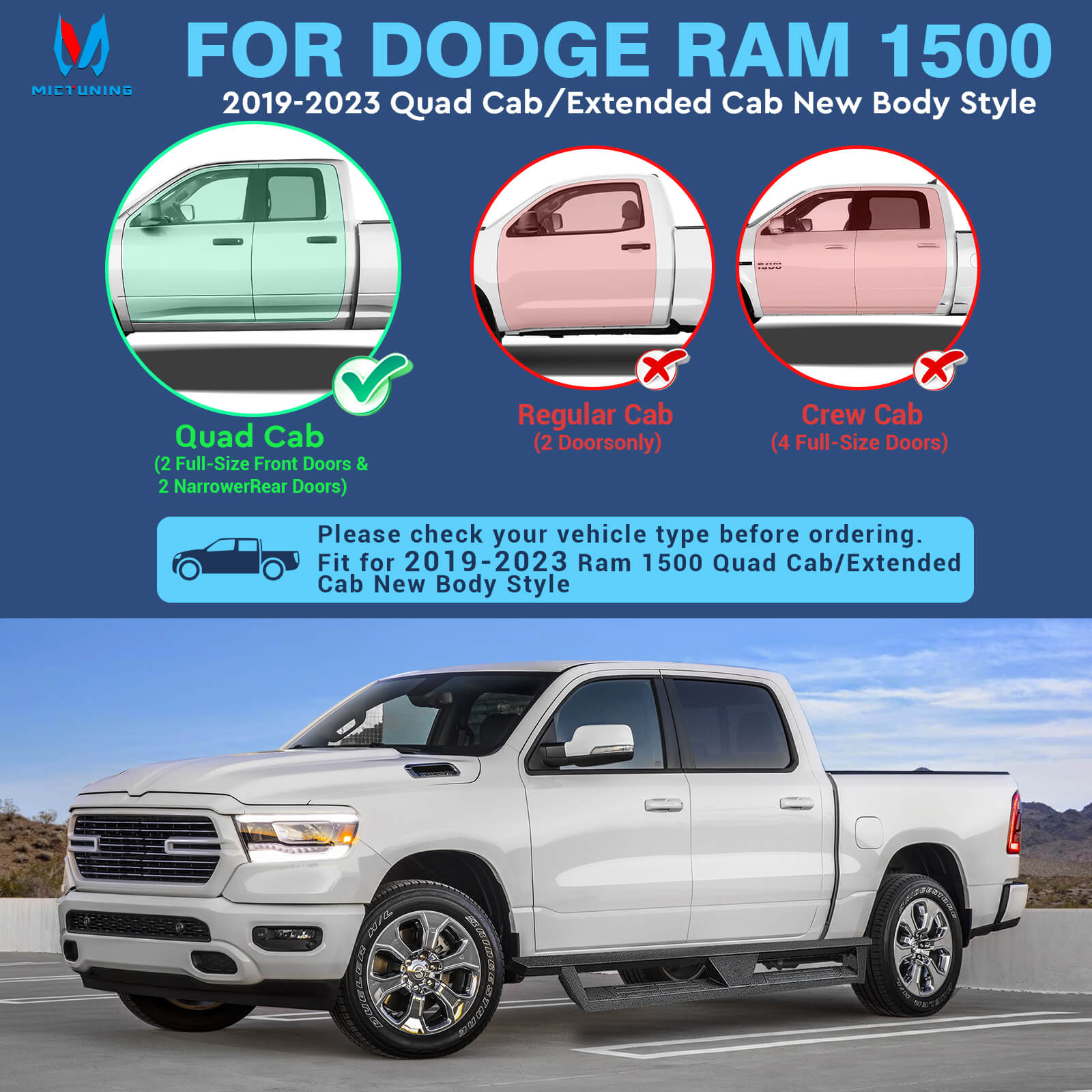 2019-2023 Dodge Ram 1500 Quad Cab/Extended Cab New Body Style Side Running Boards, Heavy-Duty Side Steps (Only Ships to U.S. )