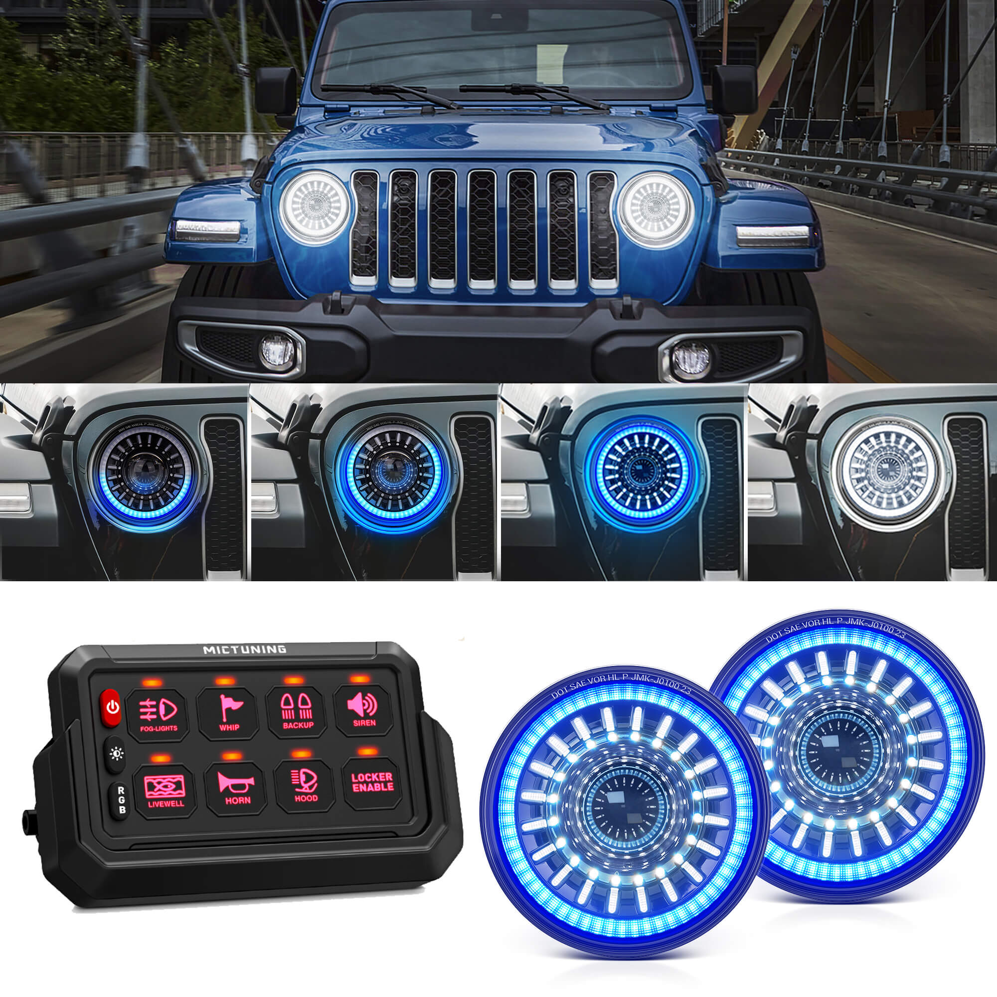 J1 7″ LED Headlights with Blue Welcome Halo Bundle with P1s-AC Wireless Removable RGB Switch Panel