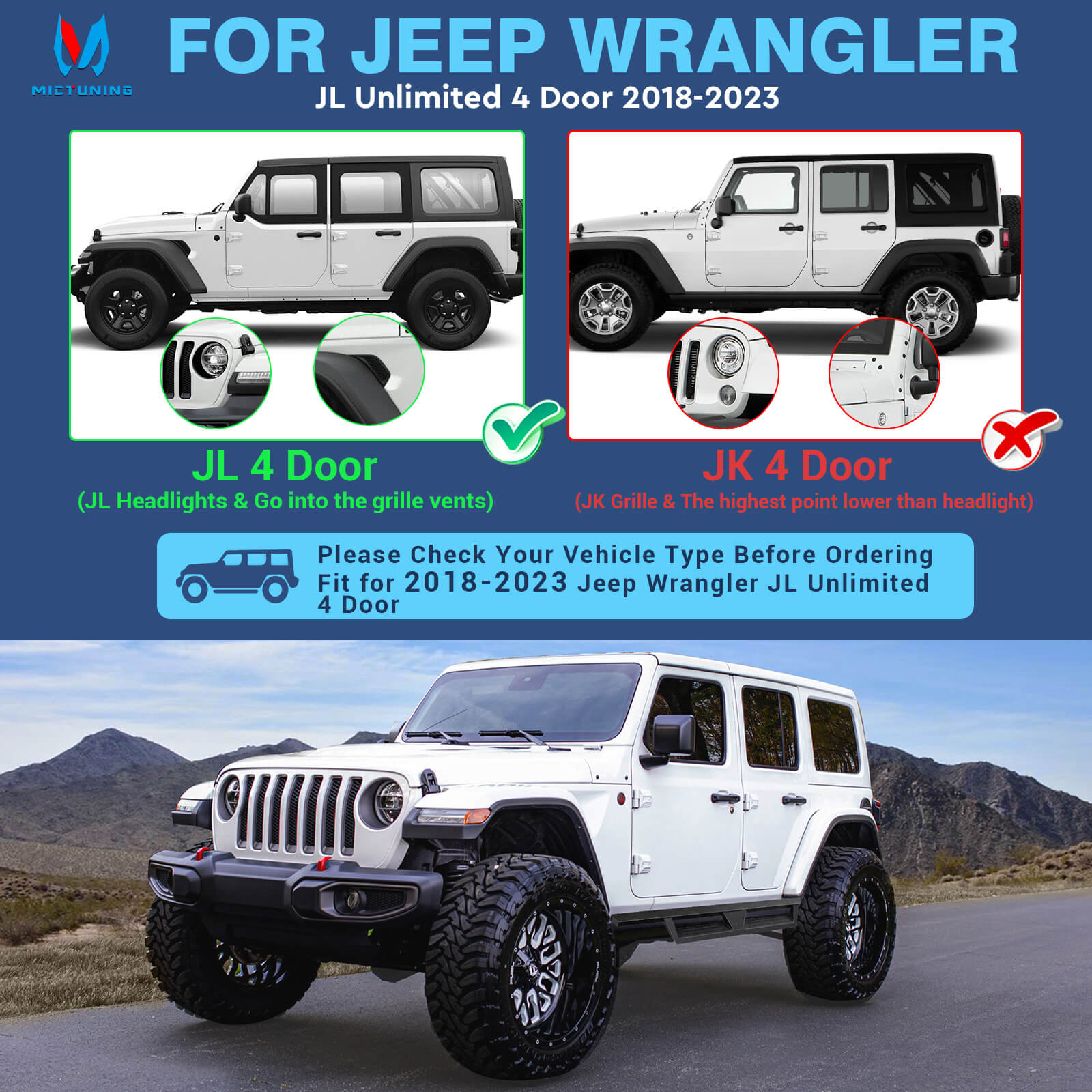 2018-2023 Jeep Wrangler JL Unlimited 4 Door Side Running Boards, Heavy-Duty Side Steps (Only Ships to U.S. )