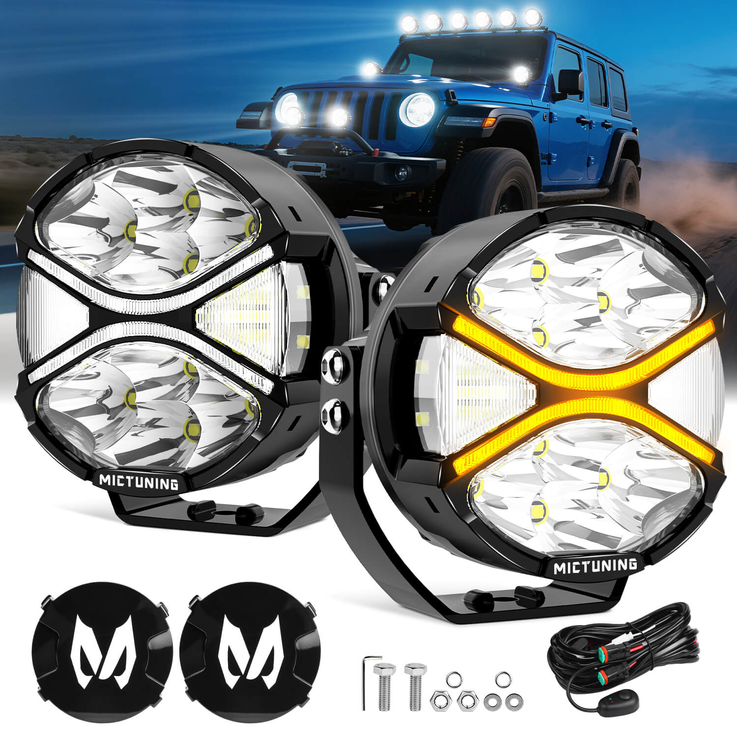 K6 4 Inch 160W LED Light Pods White/Amber - 270° Side Shooter with DRL & Turn Signal, Offroad Driving Ditch Lights w/ Covers, 2PC