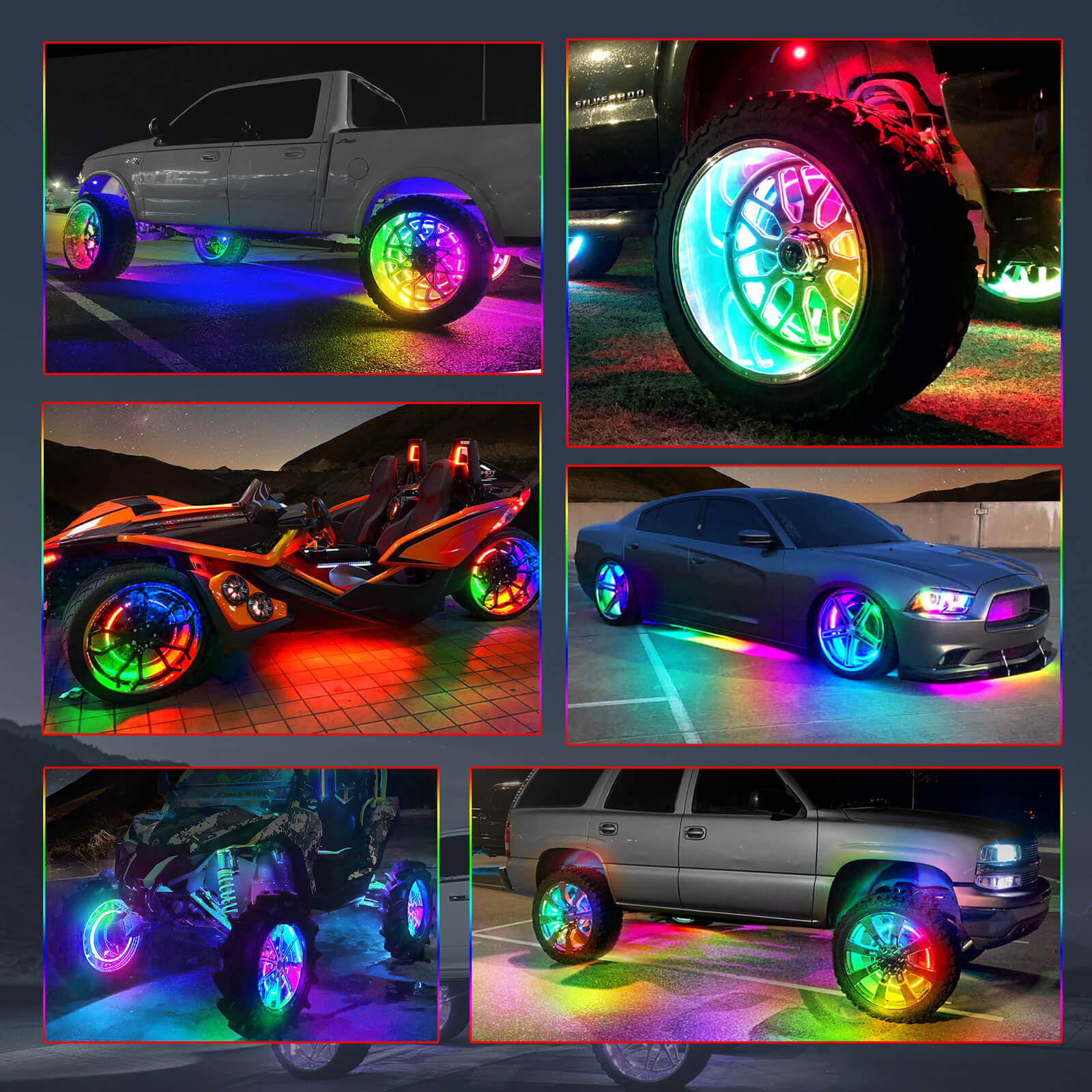 Q1 Max RGB+IC Rock Lights 8-24 Pods Bundle with 15.5″/17″ V1 RGB+IC Chasing Color Wheel Ring Lights Kit with APP Control