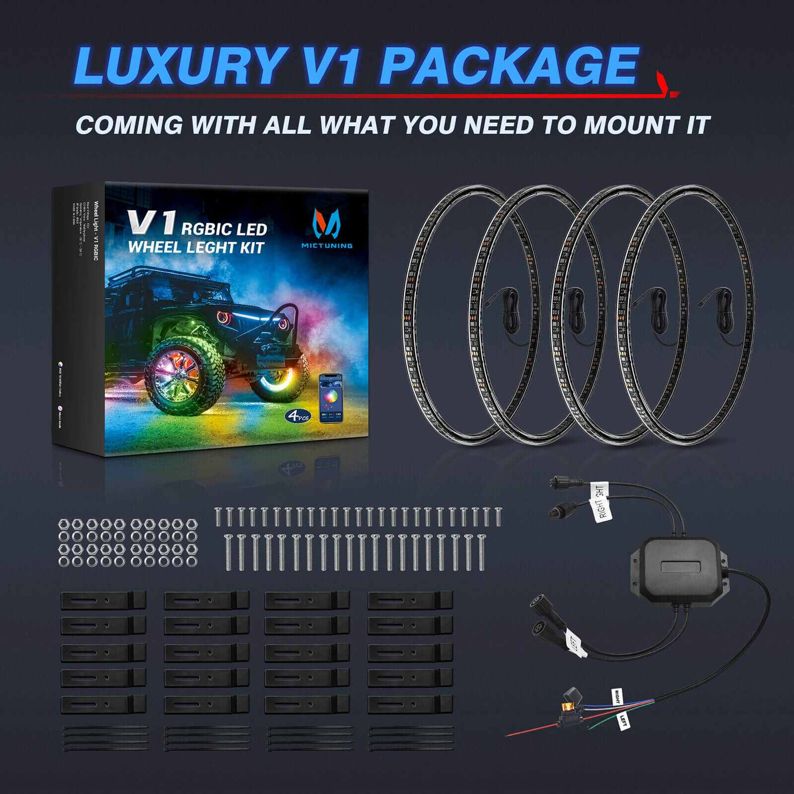 Q1 Max RGB+IC Rock Lights 8-24 Pods Bundle with 15.5″/17″ V1 RGB+IC Chasing Color Wheel Ring Lights Kit with APP Control