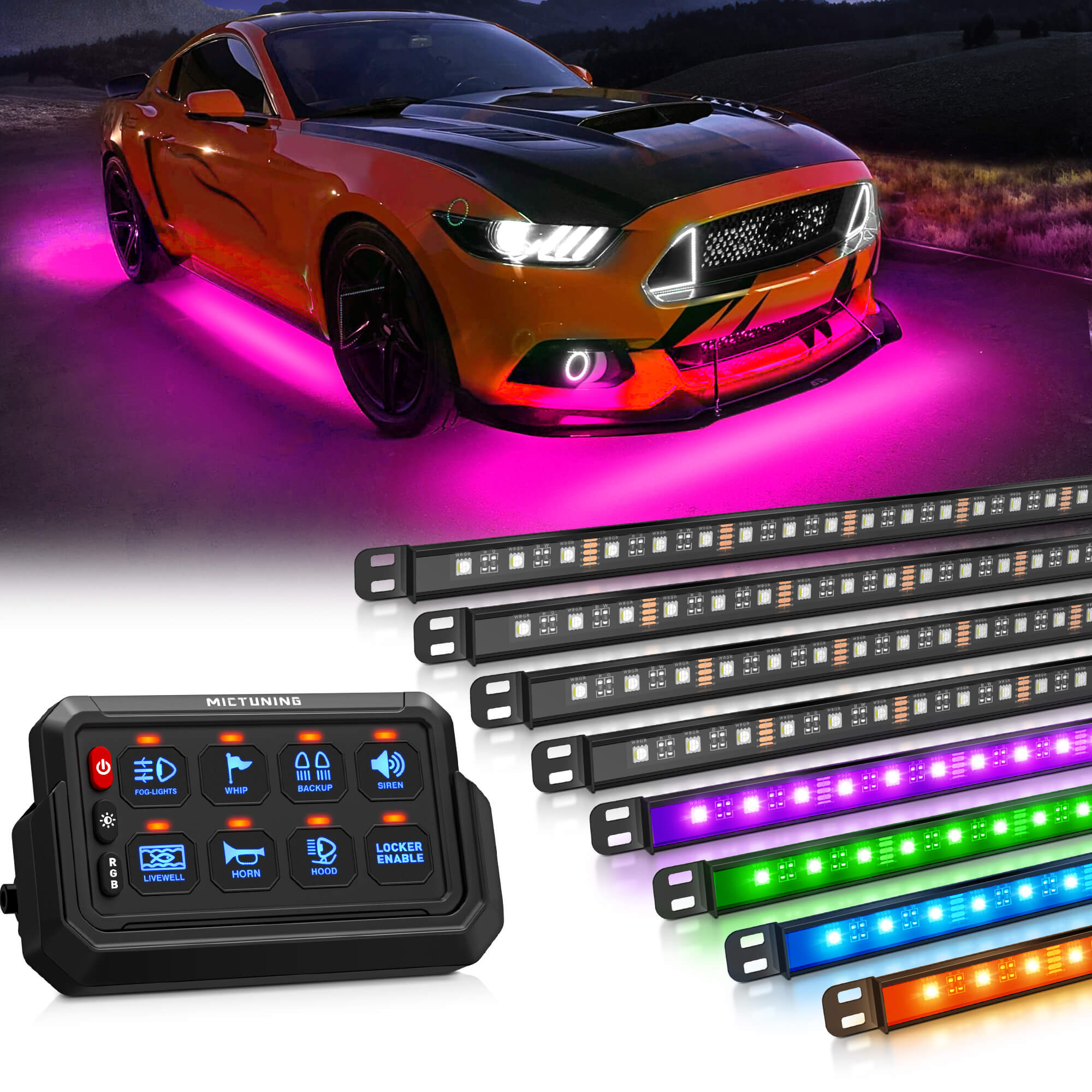 N8 RGBW/RGB+IC Car Underglow Light Kit Bundle with P1s-AC Wireless 8/12 Gang RGB Switch Panel
