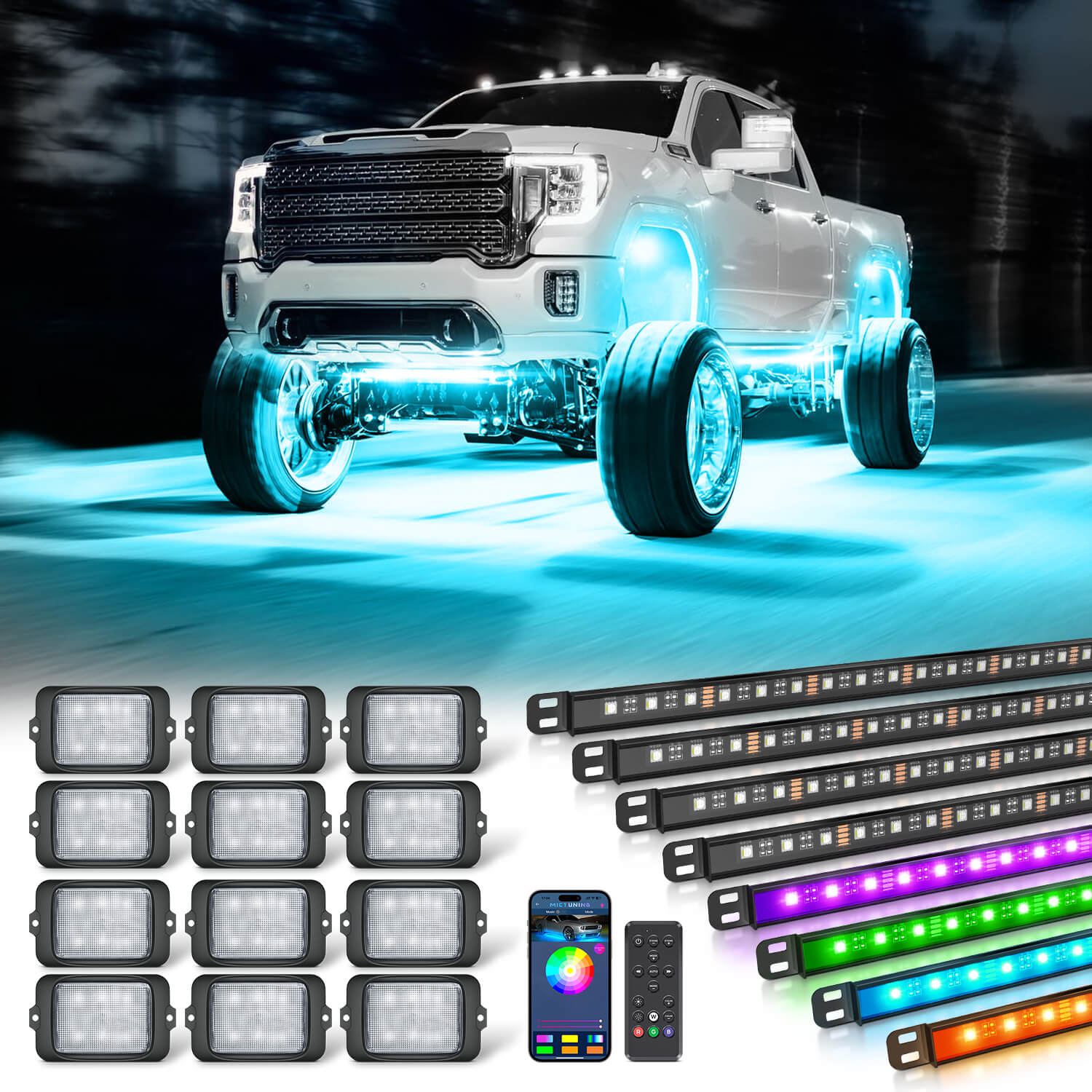 C3 Extensible RGBW LED Rock Lights 8-32 Pods Bundle with N8 RGBW LED Car Underglow Light Kit