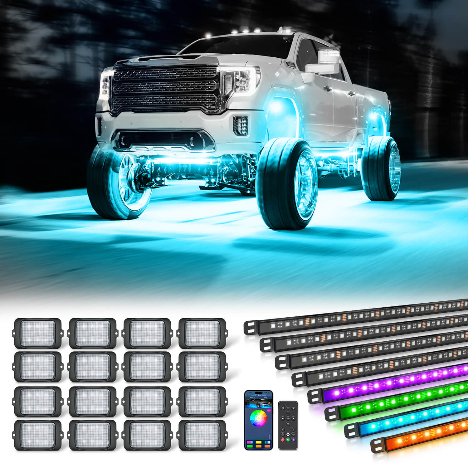 C3 Extensible RGBW LED Rock Lights 8-32 Pods Bundle with N8 RGBW LED Car Underglow Light Kit