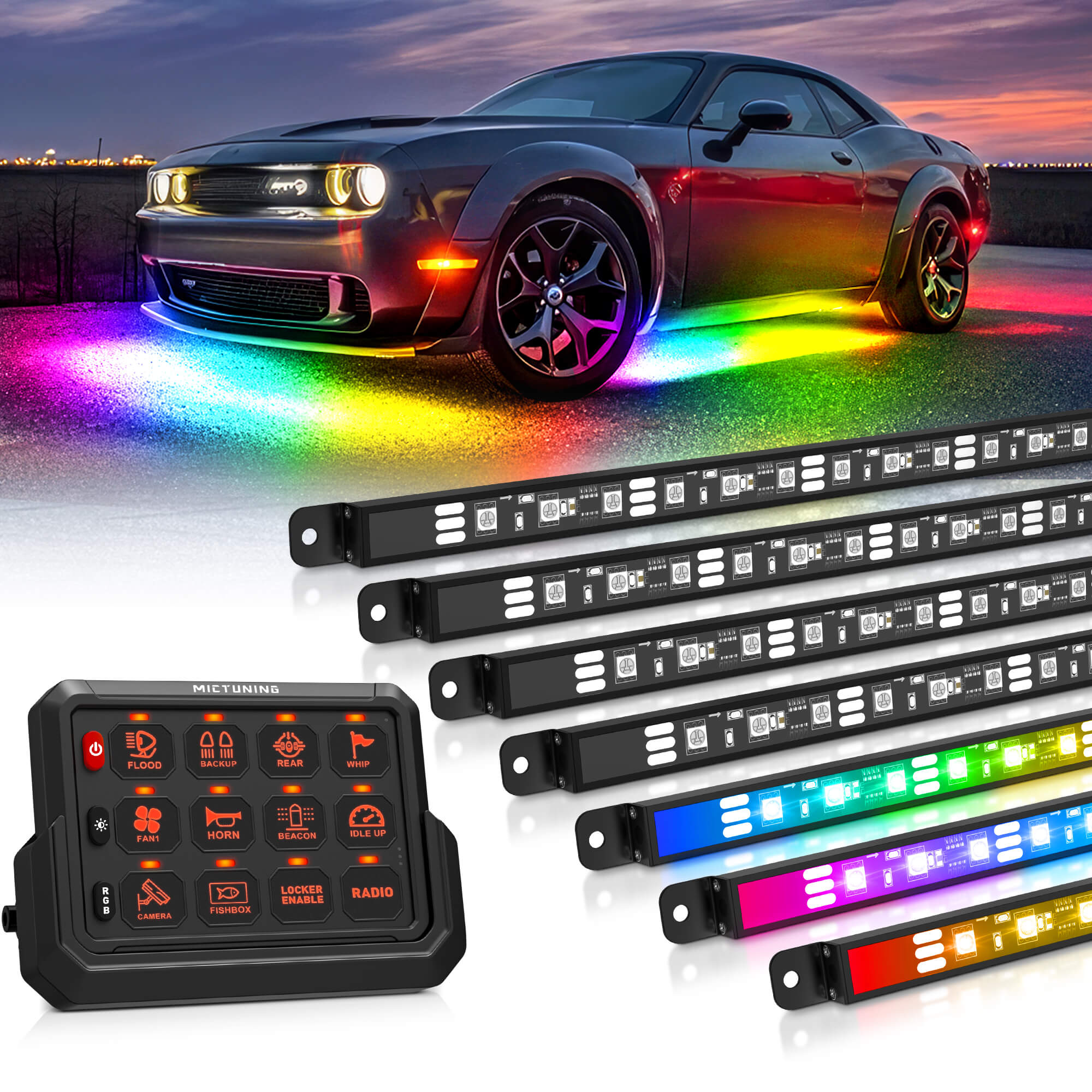 N8 RGBW/RGB+IC Car Underglow Light Kit Bundle with P1s-AC Wireless 8/12 Gang RGB Switch Panel