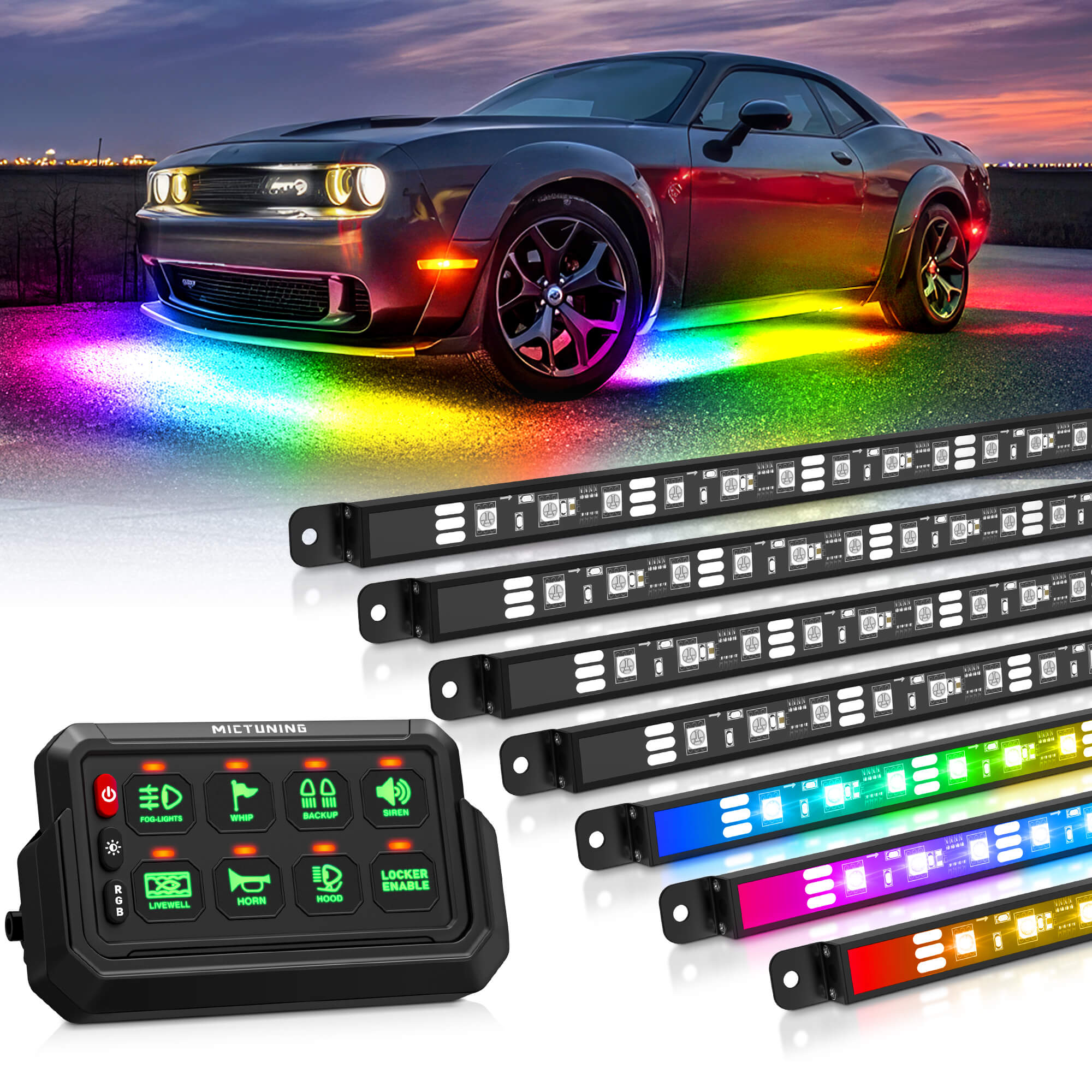 N8 RGBW/RGB+IC Car Underglow Light Kit Bundle with P1s-AC Wireless 8/12 Gang RGB Switch Panel