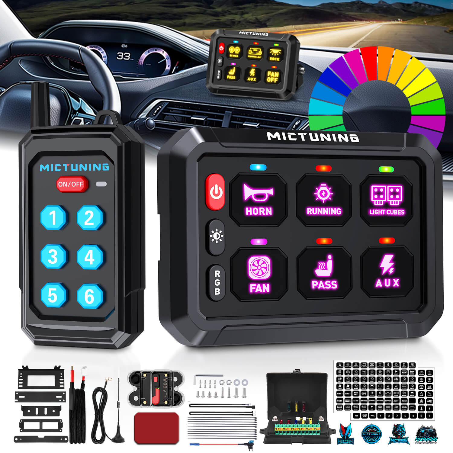 P1s RGB Switch Panel with Remote Control Range Up to 230FT, 6/8/12 Gang, Multifunction Toggle Momentary Strobe Pulsed Switch Pod w/ Silicone Cover