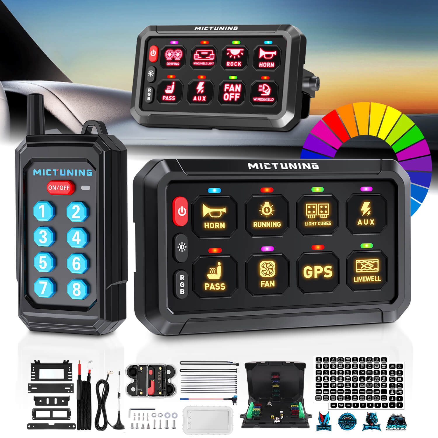 P1s RGB Switch Panel with Remote Control Range Up to 230FT, 6/8/12 Gang, Multifunction Toggle Momentary Strobe Pulsed Switch Pod w/ Silicone Cover