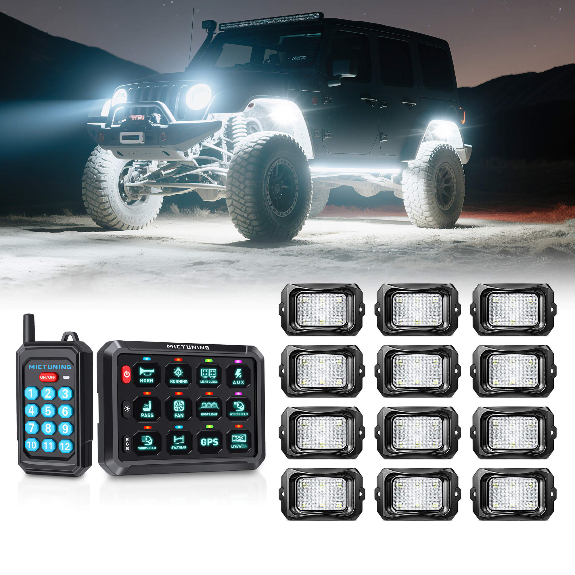 P1s Switch Panel with Wireless Remote Control Bundle with C2 RGBW LED Rock Lights Kit 8-16 Pods