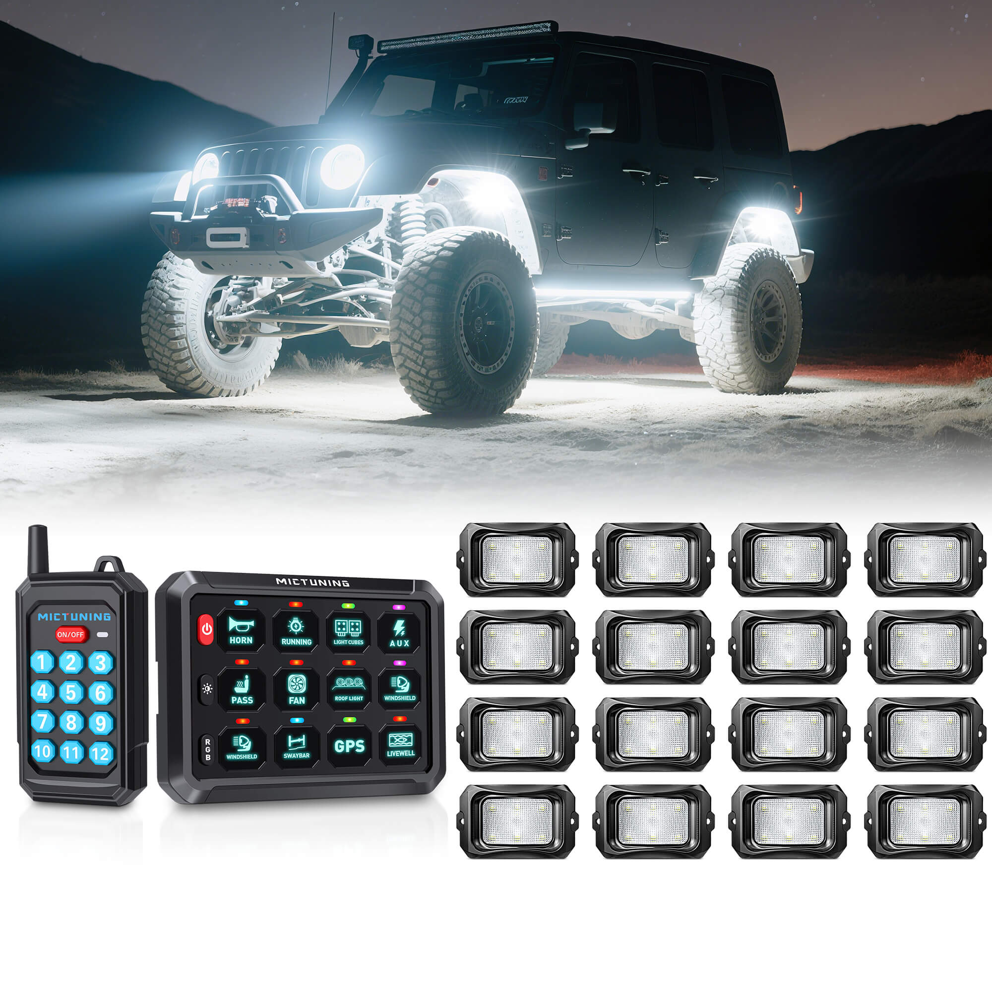 P1s Switch Panel with Wireless Remote Control Bundle with C2 RGBW LED Rock Lights Kit 8-16 Pods