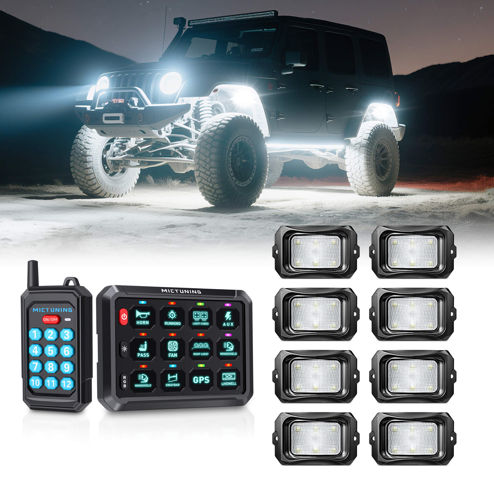P1s Switch Panel with Wireless Remote Control Bundle with C2 RGBW LED Rock Lights Kit 8-16 Pods