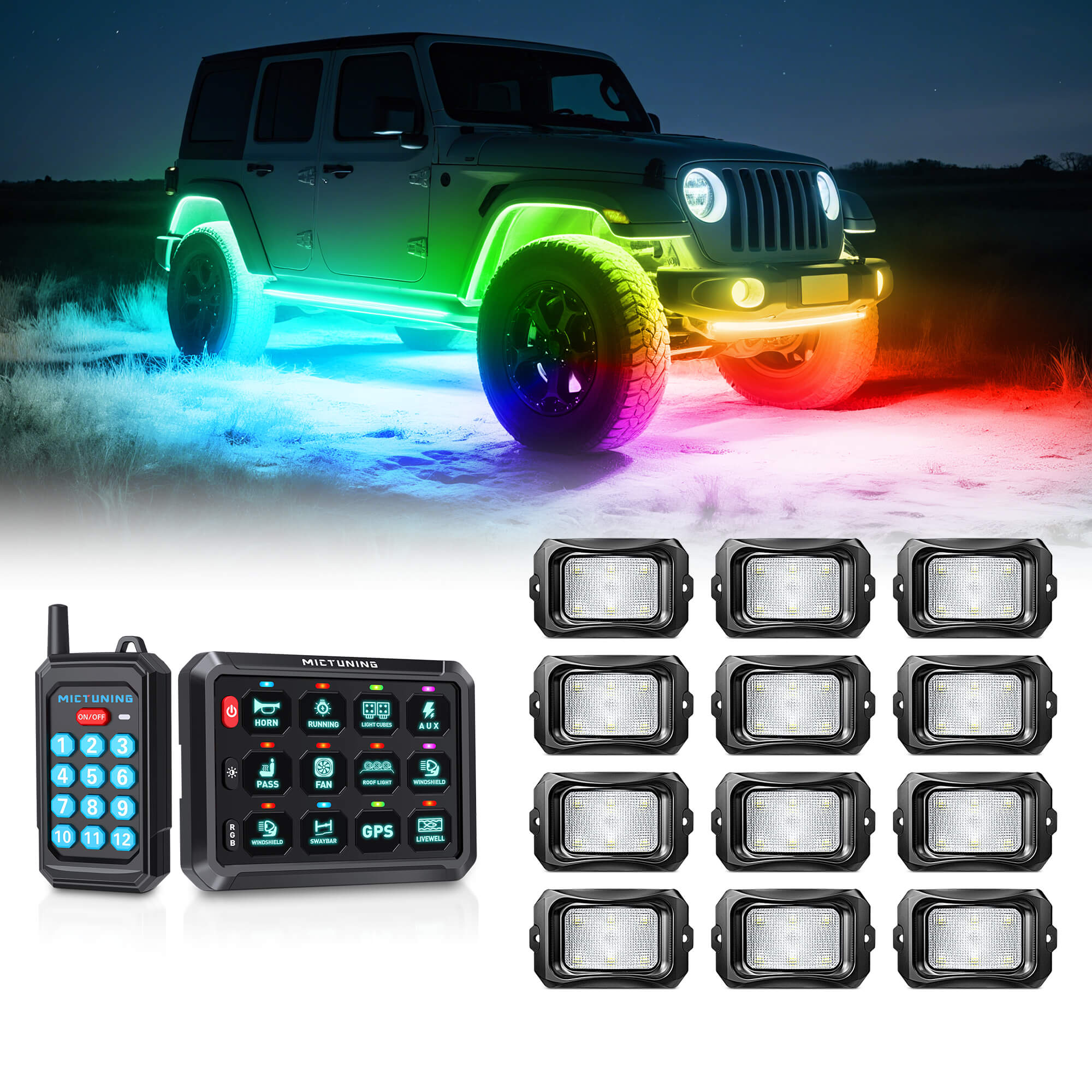 P1s Switch Panel with Wireless Remote Control Bundle with C2 RGB+IC LED Rock Lights Kit 8-24 Pods