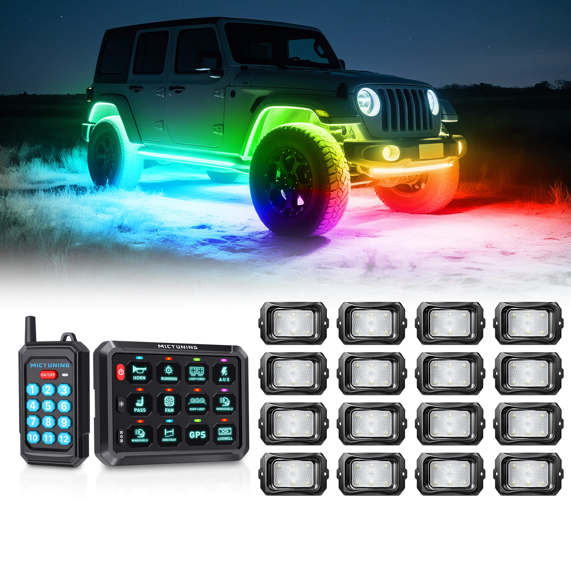 P1s Switch Panel with Wireless Remote Control Bundle with C2 RGB+IC LED Rock Lights Kit 8-24 Pods