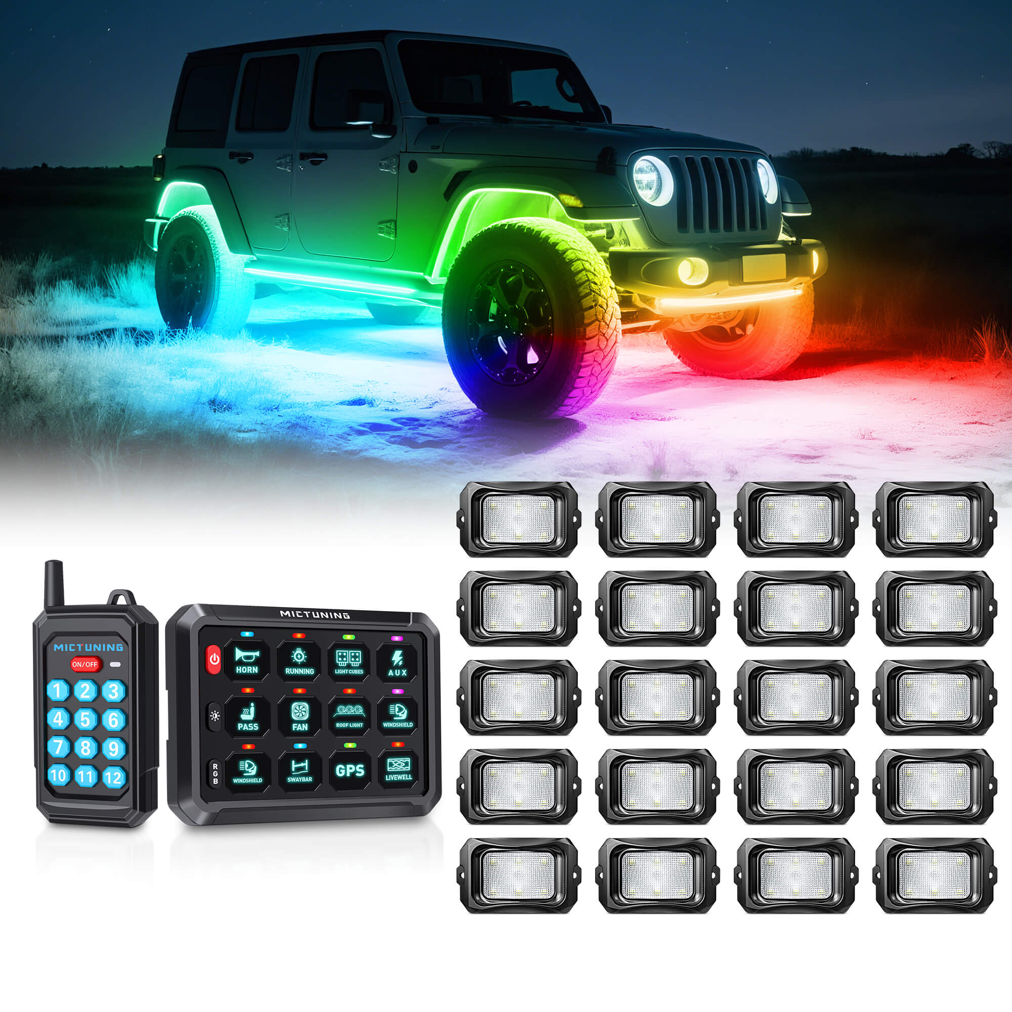 P1s Switch Panel with Wireless Remote Control Bundle with C2 RGB+IC LED Rock Lights Kit 8-24 Pods