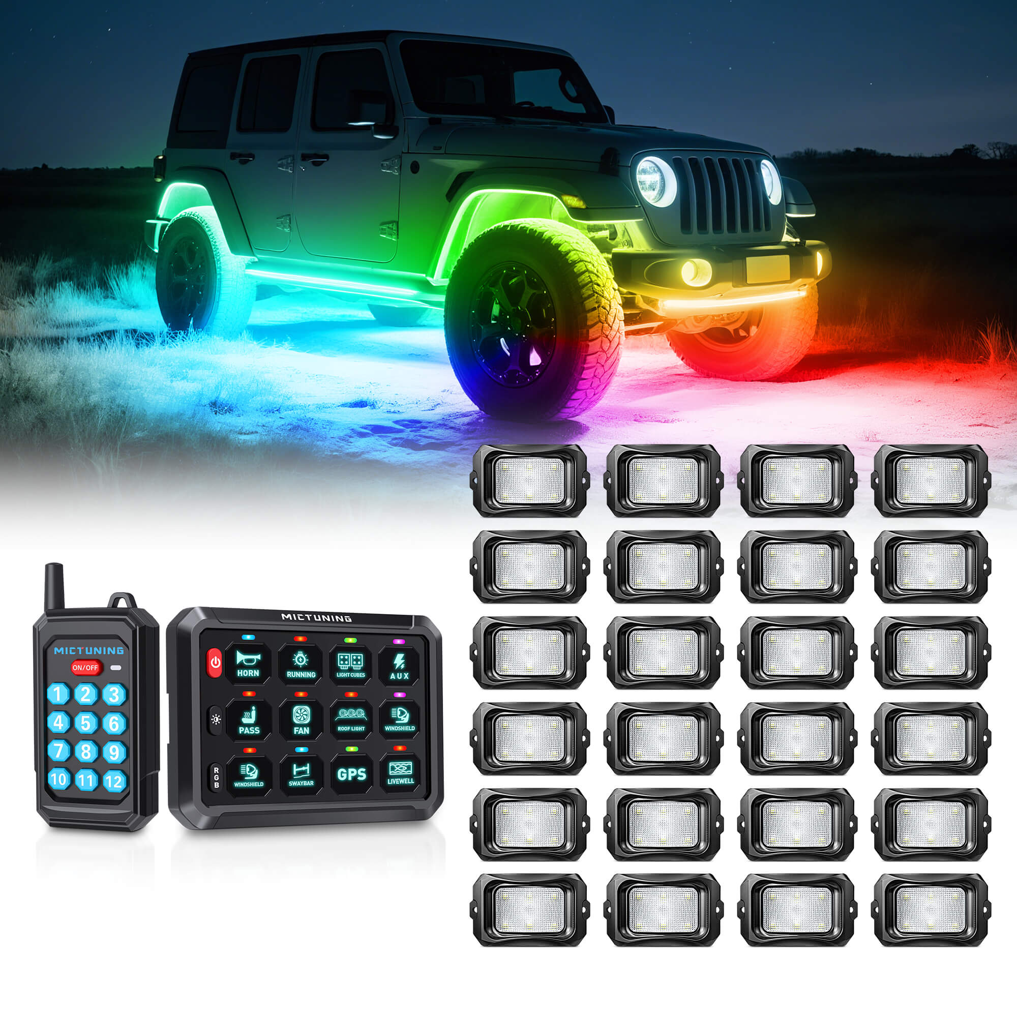 P1s Switch Panel with Wireless Remote Control Bundle with C2 RGB+IC LED Rock Lights Kit 8-24 Pods