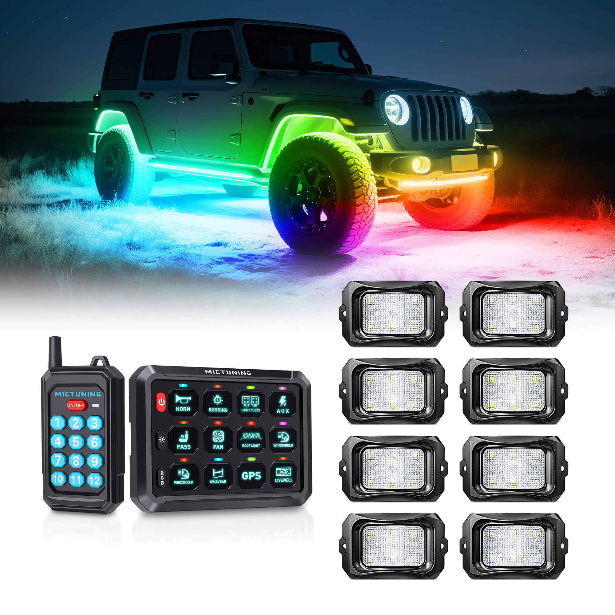 P1s Switch Panel with Wireless Remote Control Bundle with C2 RGB+IC LED Rock Lights Kit 8-24 Pods