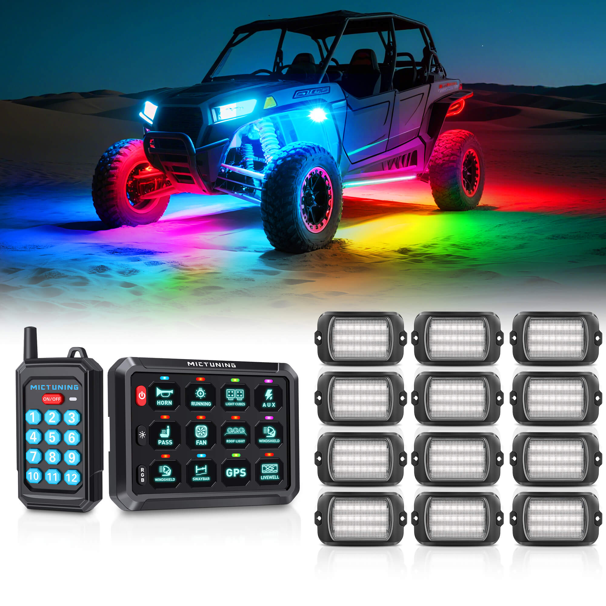P1s Switch Panel with Wireless Remote Control Bundle with Q1 Max RGB+IC Rock Lights Kit 24LEDs/Pod Super Bright, 8-24 Pods