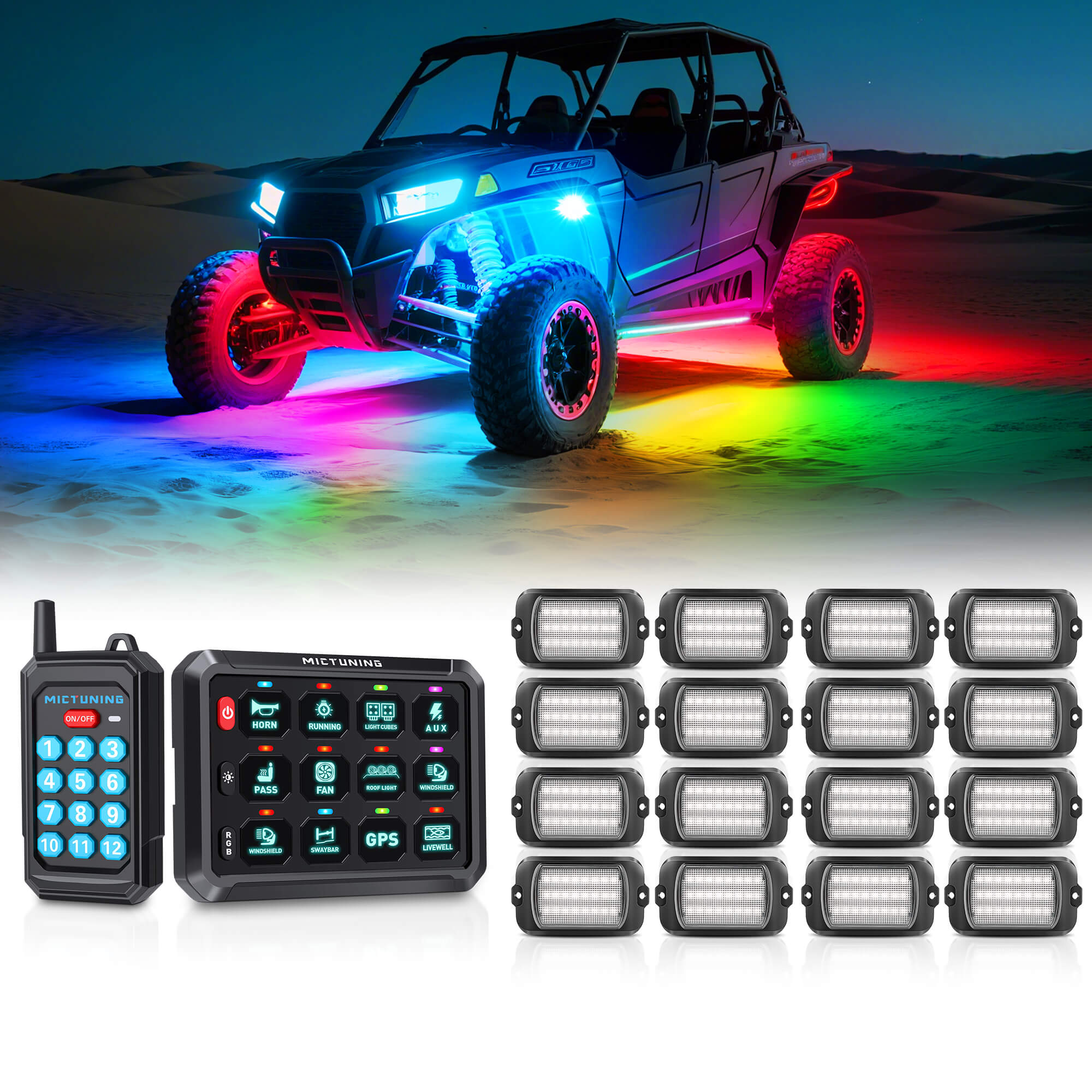 P1s Switch Panel with Wireless Remote Control Bundle with Q1 Max RGB+IC Rock Lights Kit 24LEDs/Pod Super Bright, 8-24 Pods
