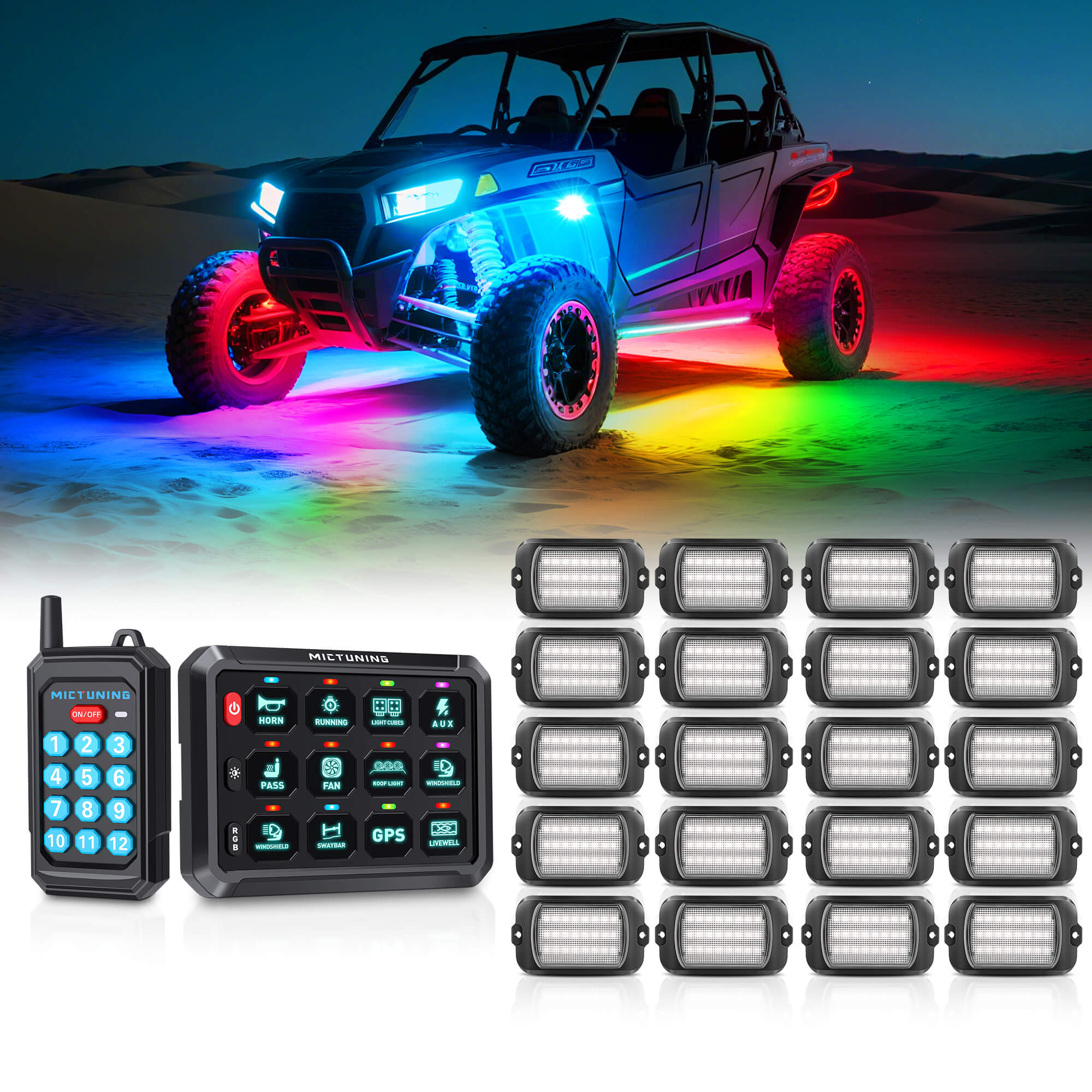 P1s Switch Panel with Wireless Remote Control Bundle with Q1 Max RGB+IC Rock Lights Kit 24LEDs/Pod Super Bright, 8-24 Pods