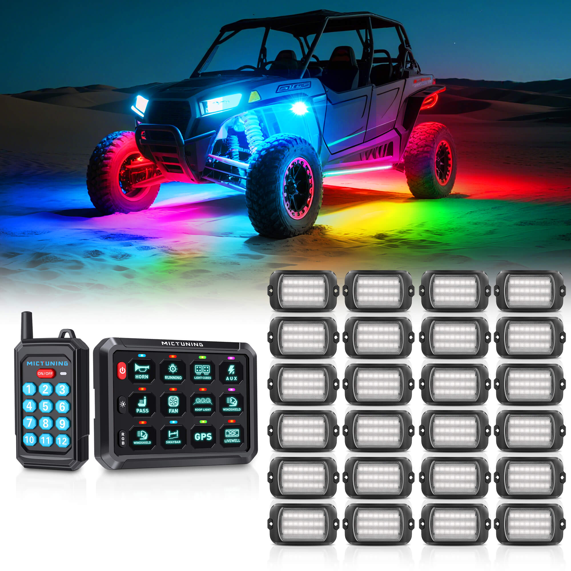 P1s Switch Panel with Wireless Remote Control Bundle with Q1 Max RGB+IC Rock Lights Kit 24LEDs/Pod Super Bright, 8-24 Pods