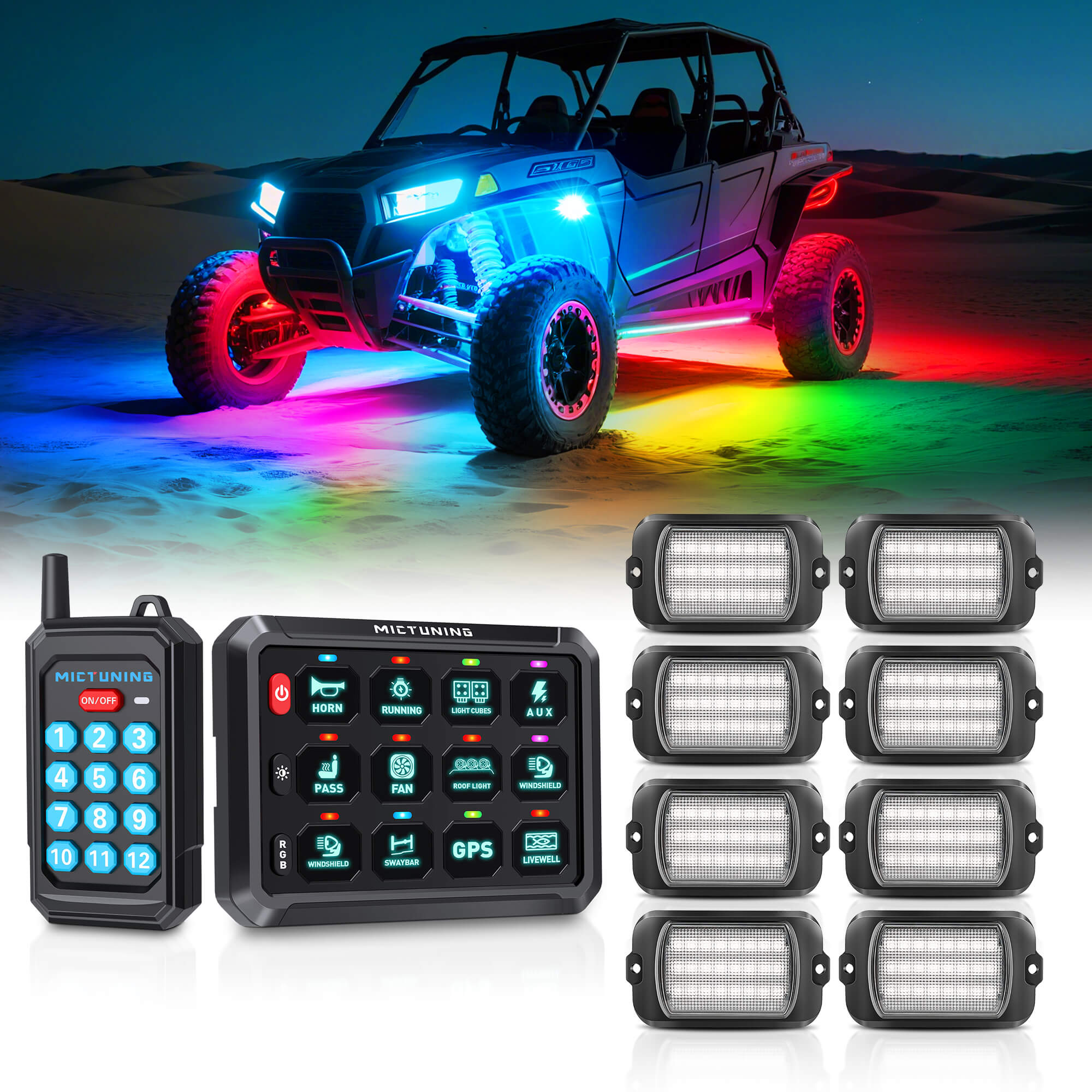 P1s Switch Panel with Wireless Remote Control Bundle with Q1 Max RGB+IC Rock Lights Kit 24LEDs/Pod Super Bright, 8-24 Pods