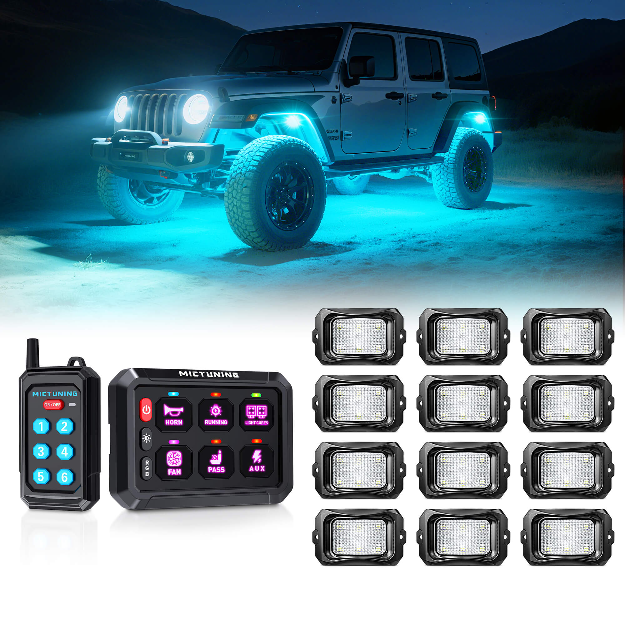 P1s Switch Panel with Wireless Remote Control Bundle with C2 RGBW LED Rock Lights Kit 8-16 Pods