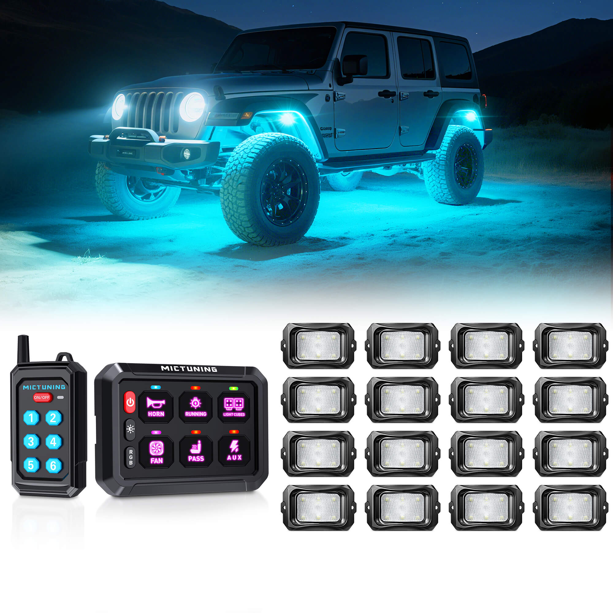 P1s Switch Panel with Wireless Remote Control Bundle with C2 RGBW LED Rock Lights Kit 8-16 Pods