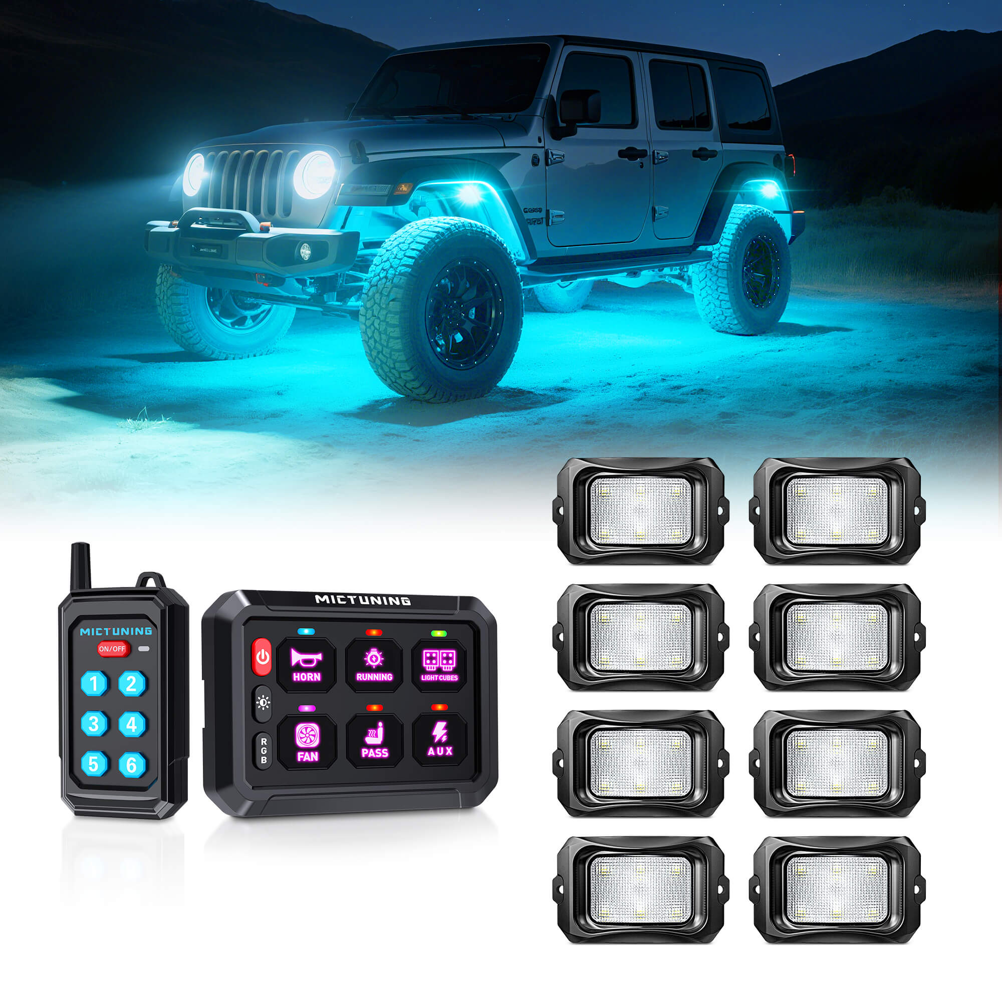 P1s Switch Panel with Wireless Remote Control Bundle with C2 RGBW LED Rock Lights Kit 8-16 Pods
