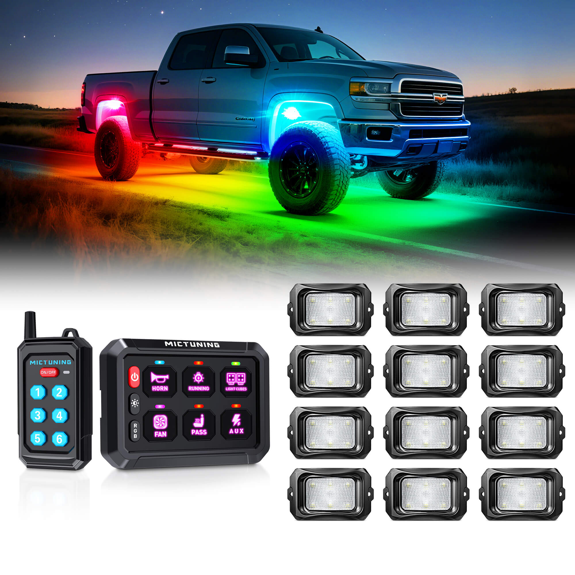 P1s Switch Panel with Wireless Remote Control Bundle with C2 RGB+IC LED Rock Lights Kit 8-24 Pods
