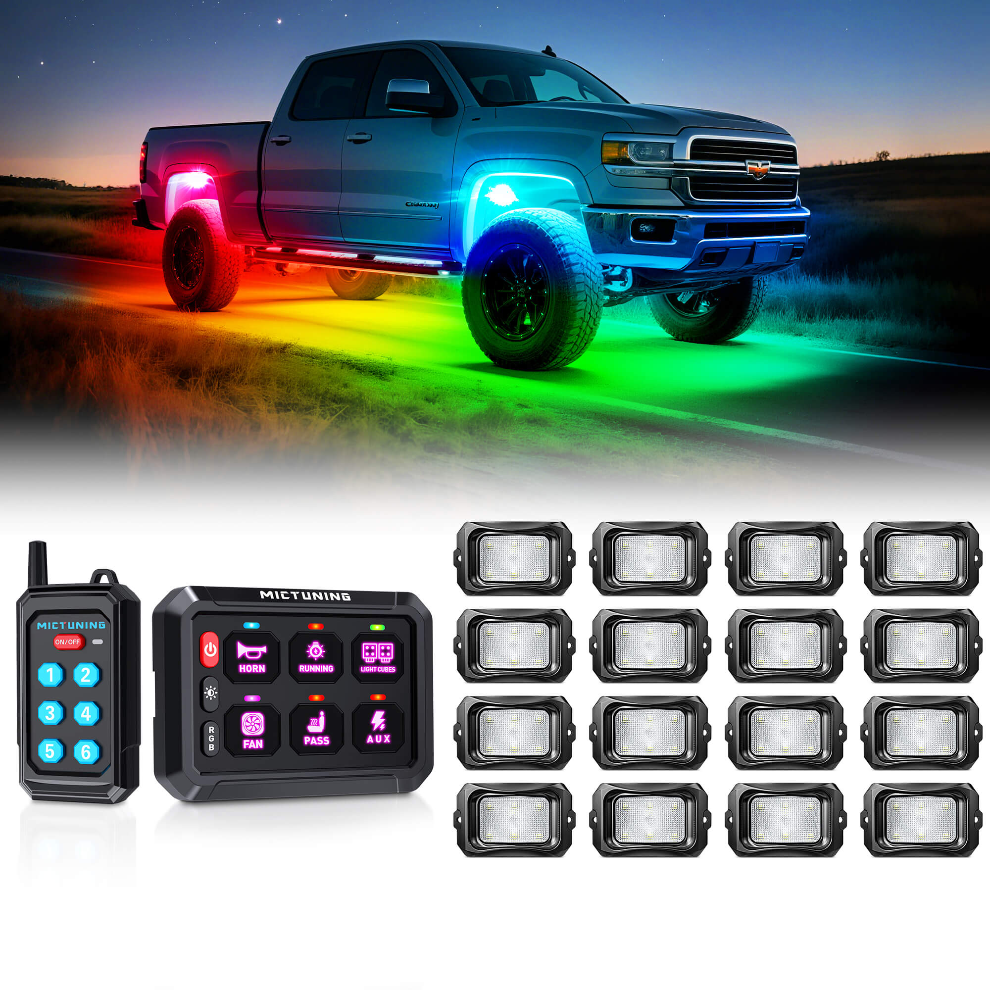 P1s Switch Panel with Wireless Remote Control Bundle with C2 RGB+IC LED Rock Lights Kit 8-24 Pods