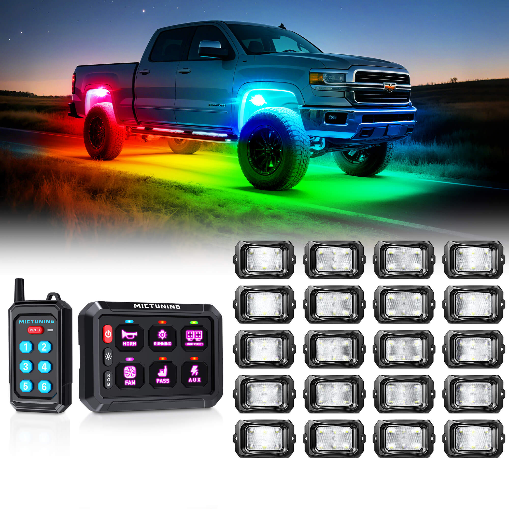 P1s Switch Panel with Wireless Remote Control Bundle with C2 RGB+IC LED Rock Lights Kit 8-24 Pods