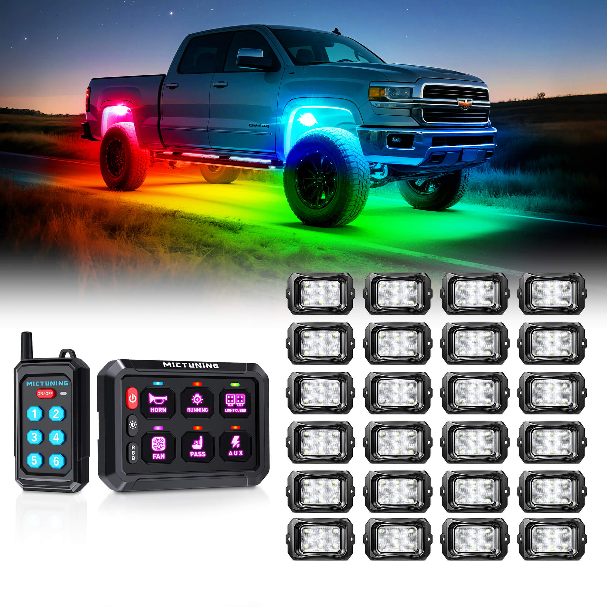 P1s Switch Panel with Wireless Remote Control Bundle with C2 RGB+IC LED Rock Lights Kit 8-24 Pods
