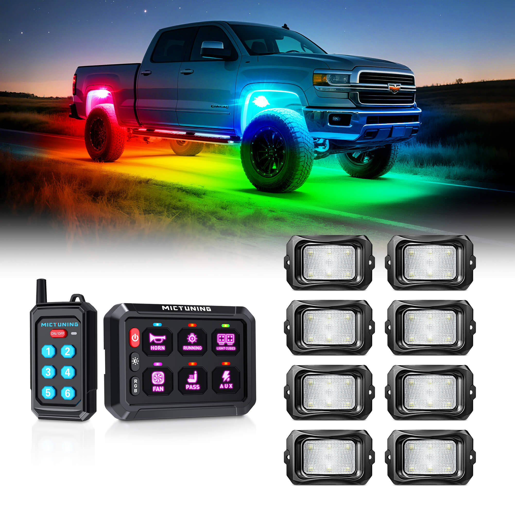 P1s Switch Panel with Wireless Remote Control Bundle with C2 RGB+IC LED Rock Lights Kit 8-24 Pods