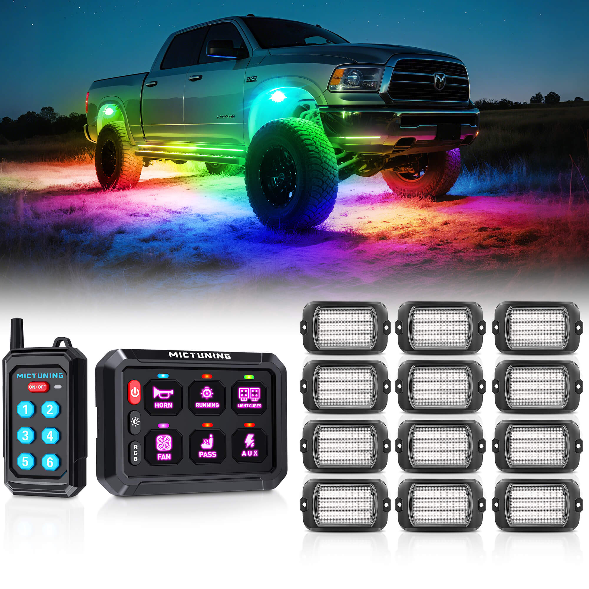 P1s Switch Panel with Wireless Remote Control Bundle with Q1 Max RGB+IC Rock Lights Kit 24LEDs/Pod Super Bright, 8-24 Pods