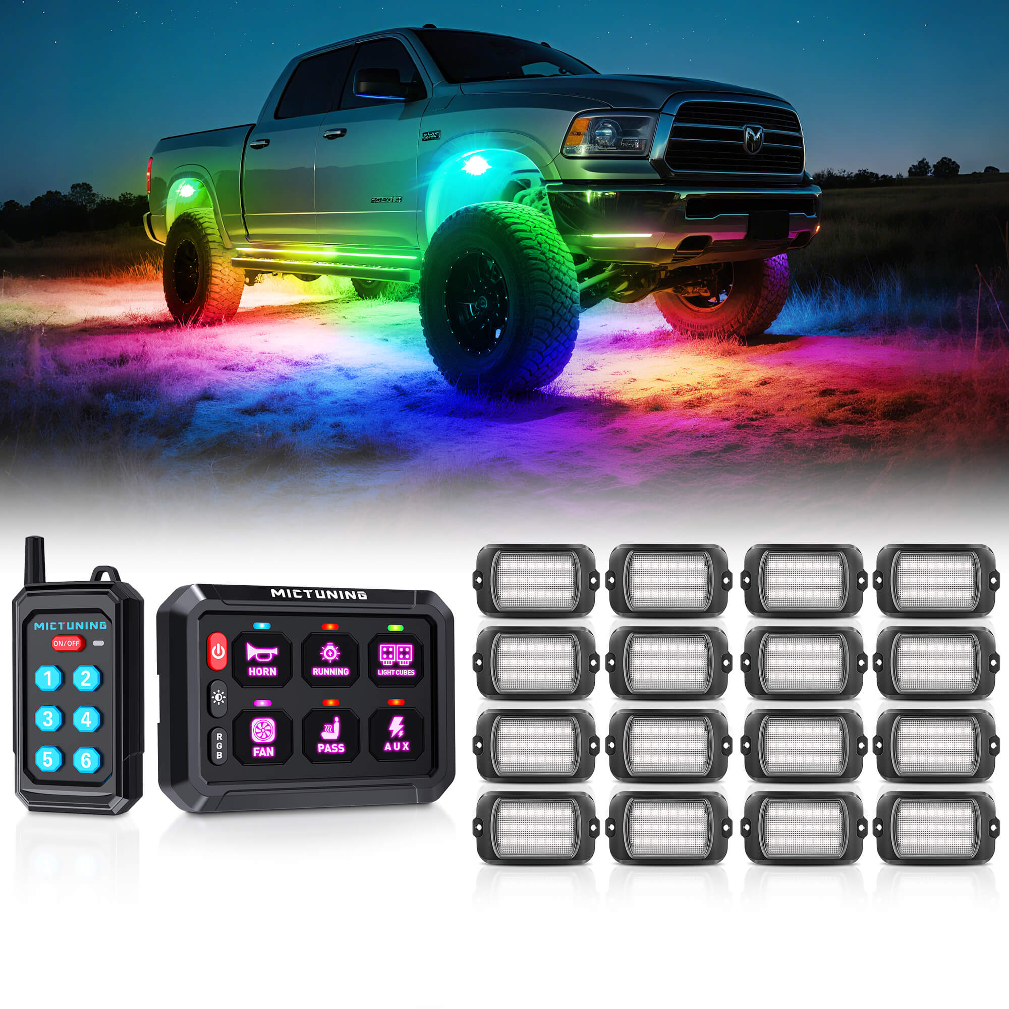 P1s Switch Panel with Wireless Remote Control Bundle with Q1 Max RGB+IC Rock Lights Kit 24LEDs/Pod Super Bright, 8-24 Pods
