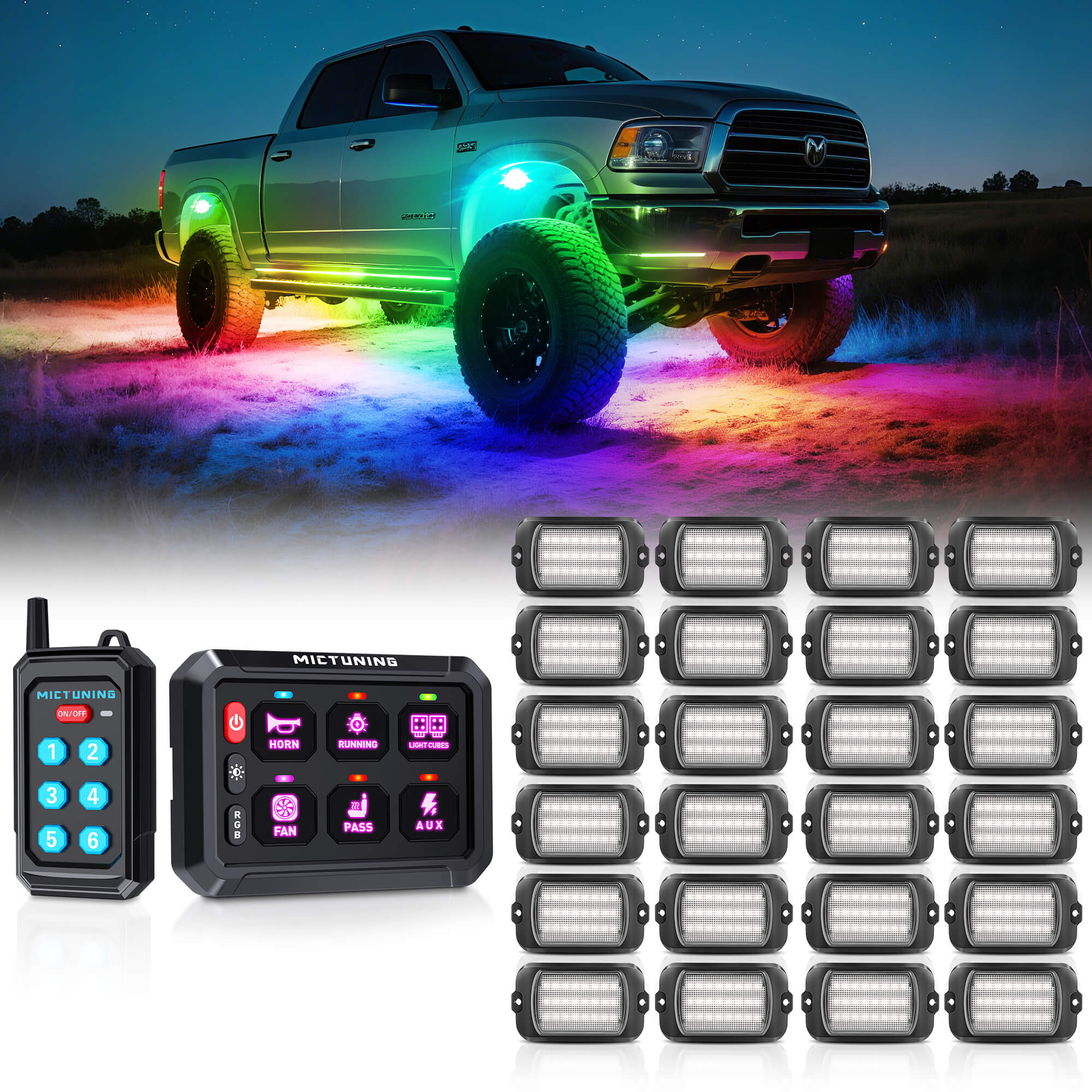 P1s Switch Panel with Wireless Remote Control Bundle with Q1 Max RGB+IC Rock Lights Kit 24LEDs/Pod Super Bright, 8-24 Pods