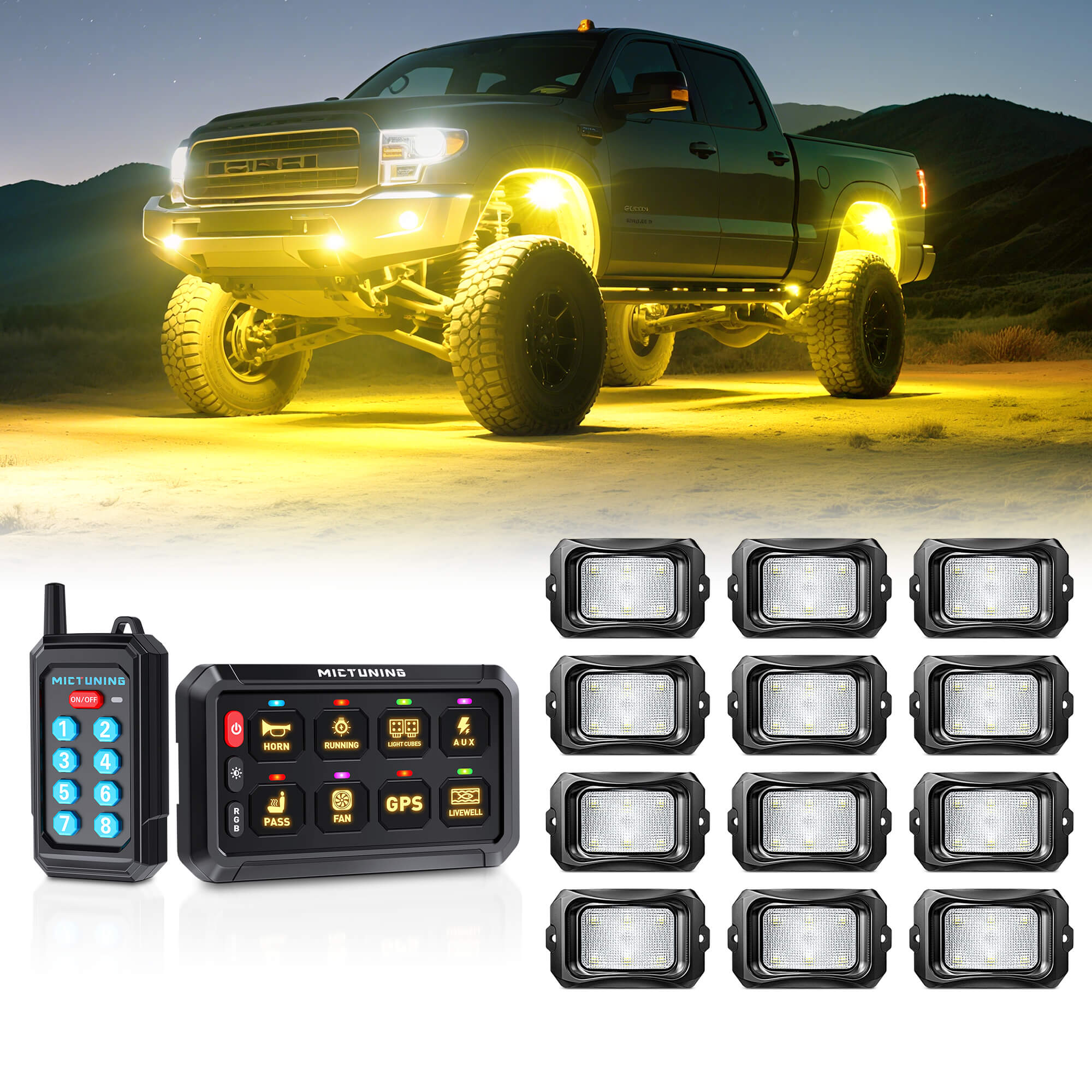 P1s Switch Panel with Wireless Remote Control Bundle with C2 RGBW LED Rock Lights Kit 8-16 Pods