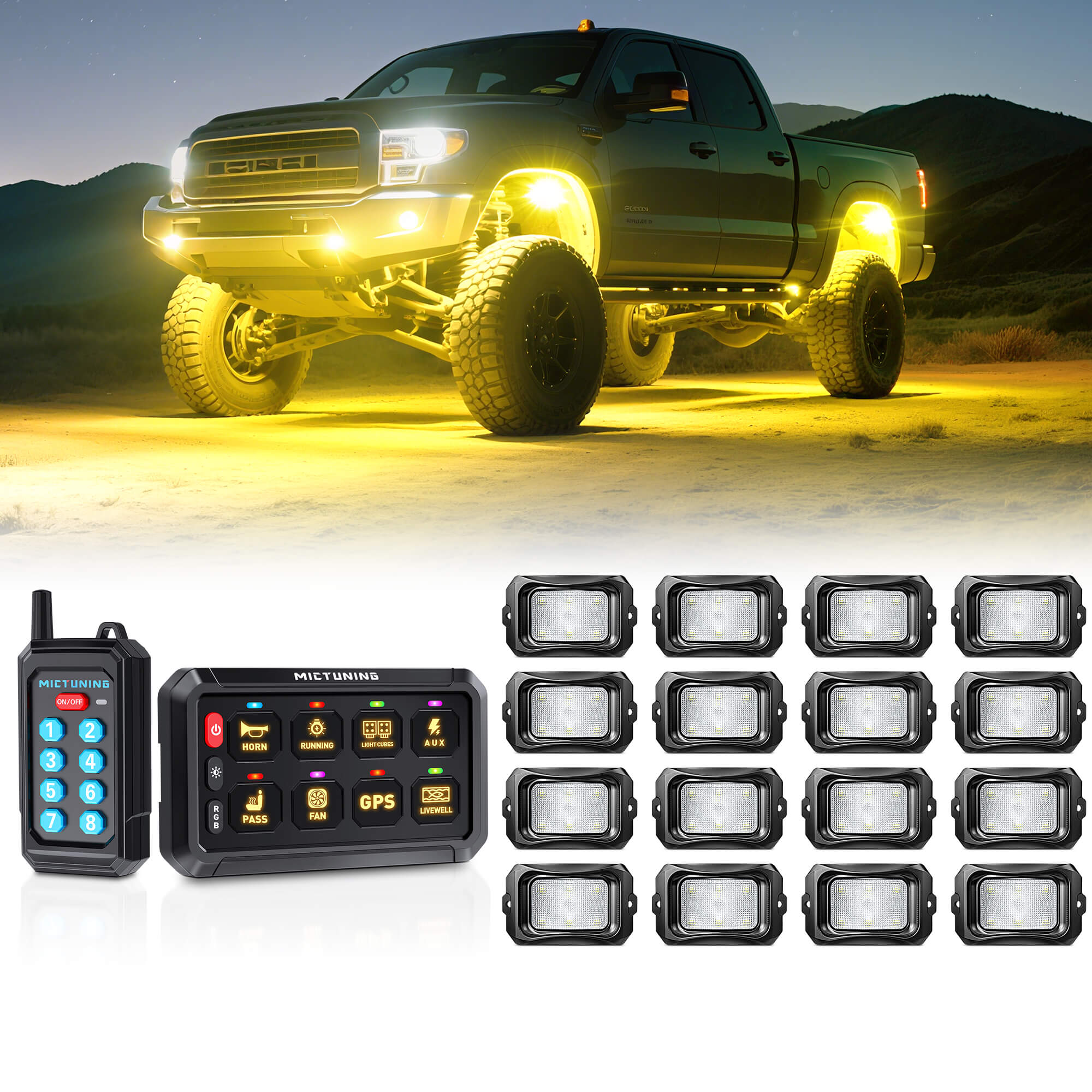 P1s Switch Panel with Wireless Remote Control Bundle with C2 RGBW LED Rock Lights Kit 8-16 Pods
