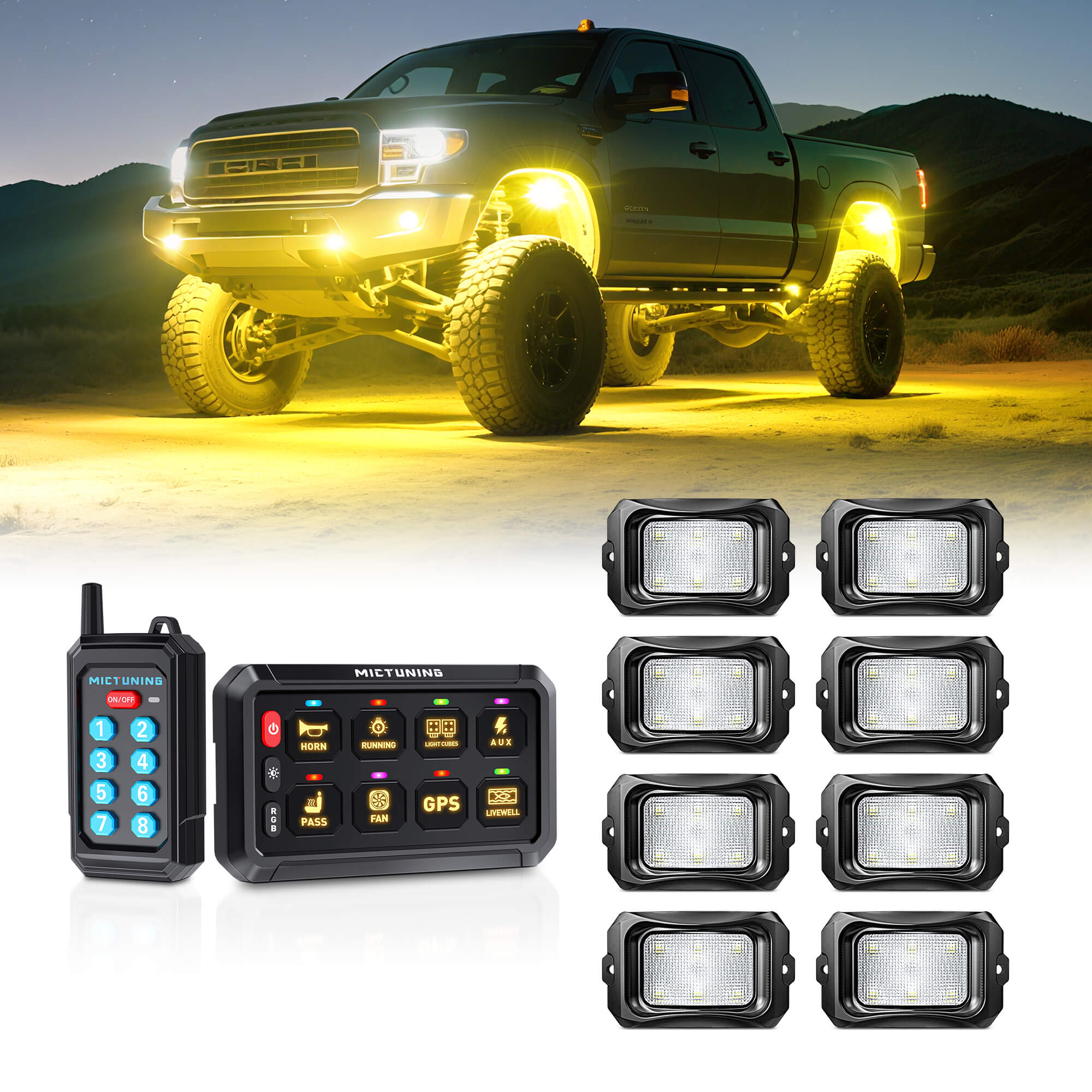 P1s Switch Panel with Wireless Remote Control Bundle with C2 RGBW LED Rock Lights Kit 8-16 Pods