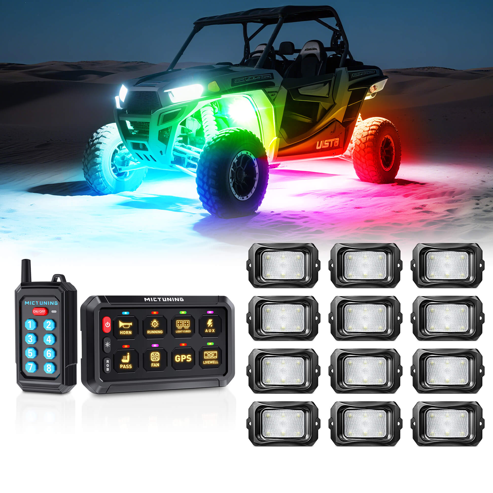 P1s Switch Panel with Wireless Remote Control Bundle with C2 RGB+IC LED Rock Lights Kit 8-24 Pods