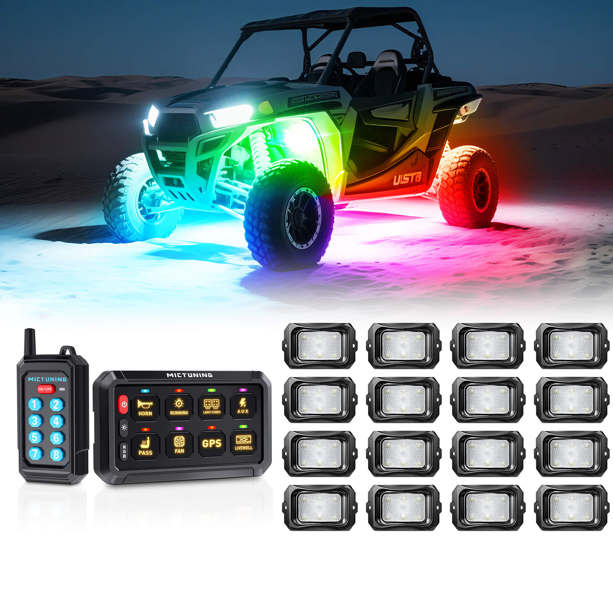 P1s Switch Panel with Wireless Remote Control Bundle with C2 RGB+IC LED Rock Lights Kit 8-24 Pods