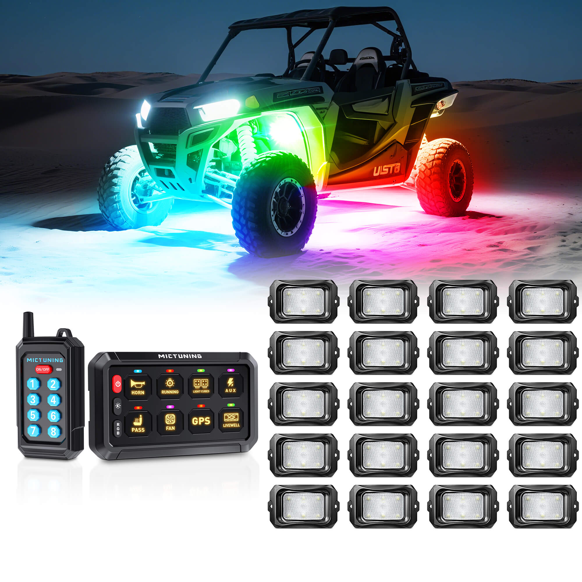 P1s Switch Panel with Wireless Remote Control Bundle with C2 RGB+IC LED Rock Lights Kit 8-24 Pods