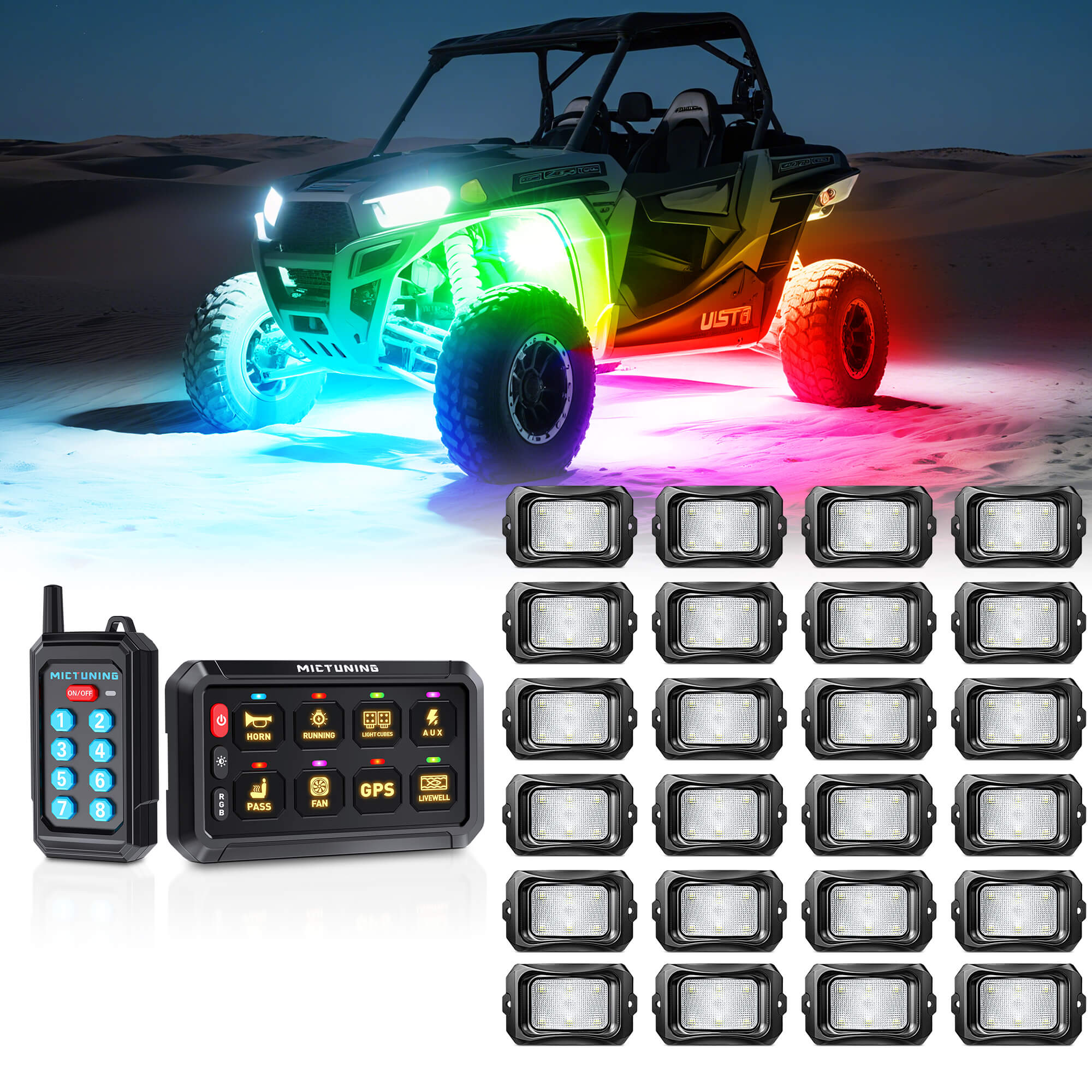 P1s Switch Panel with Wireless Remote Control Bundle with C2 RGB+IC LED Rock Lights Kit 8-24 Pods