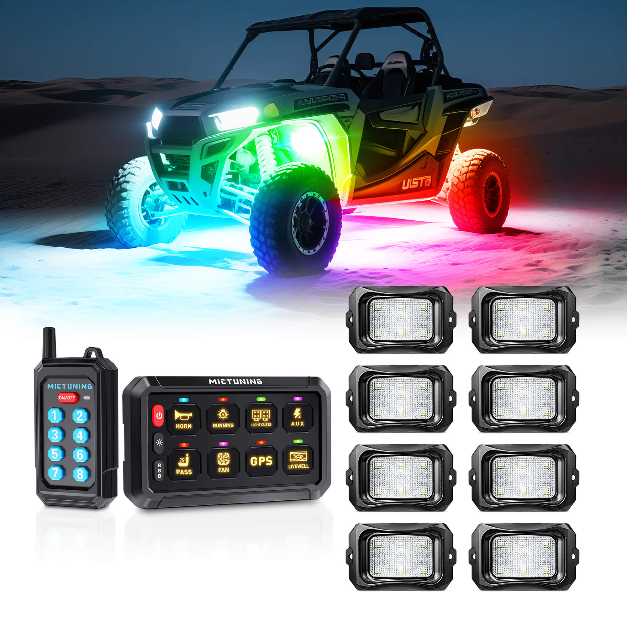 P1s Switch Panel with Wireless Remote Control Bundle with C2 RGB+IC LED Rock Lights Kit 8-24 Pods